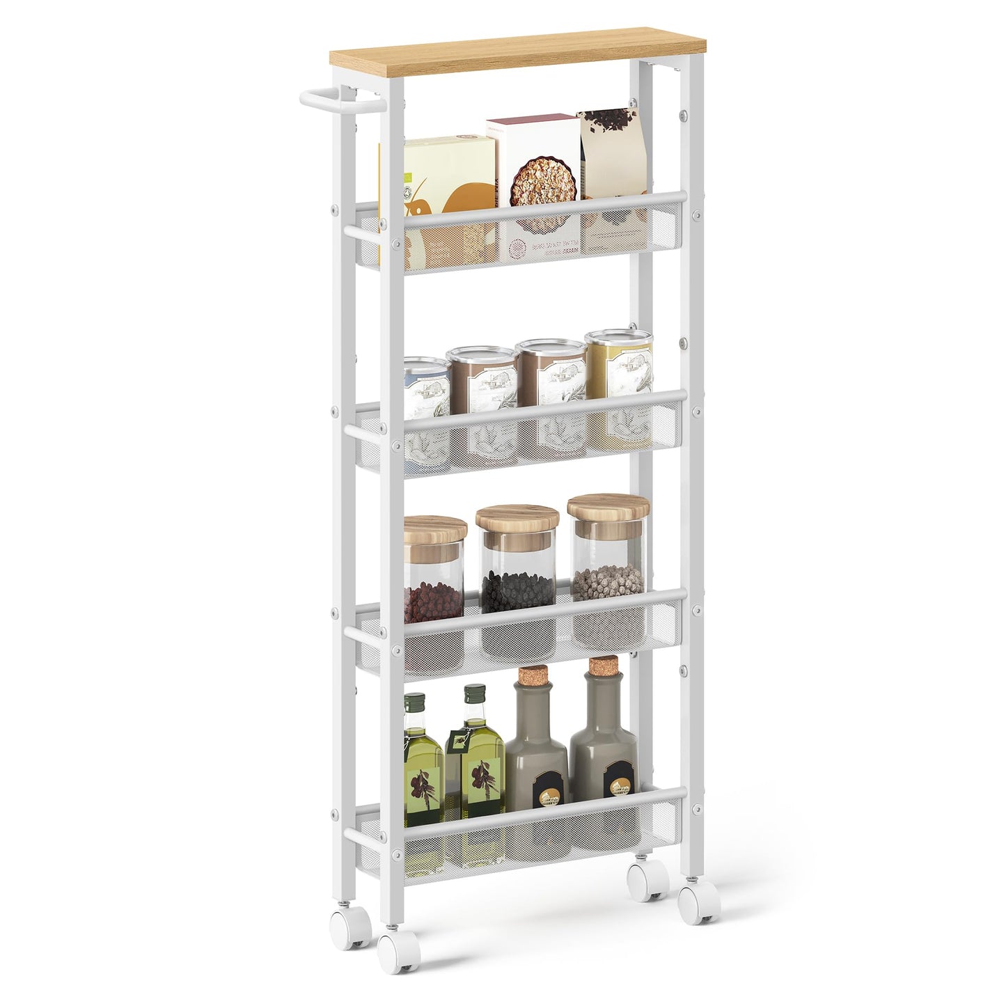 VASAGLE Slim Rolling Cart, 5-Tier Storage Cart with Handle, 13 cm Deep, Metal Frame, Narrow for Kitchen, Dining Room, Living Room, Home Office, Oak Beige and White ULRC034W09