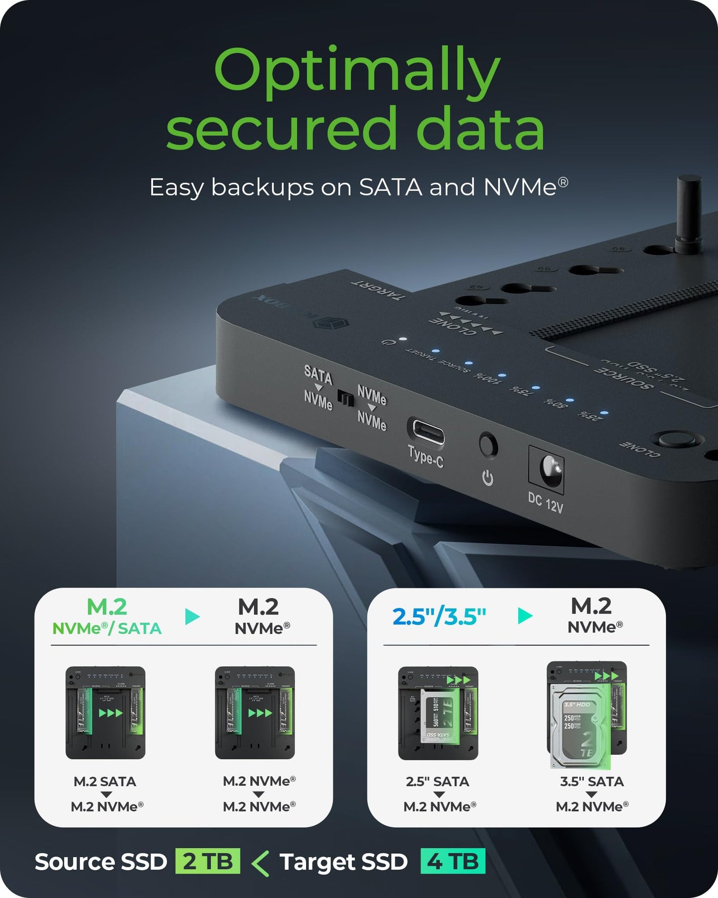 ICY BOX M.2 NVMe & SATA SSD/HDD Docking Station, USB-C 3.2 Gen 2 (10 Gbps) Hard Drive Clone Station & Reader Dual Bay for M.2 NVMe/SATA + 2.5”/3.5” SSD & HDD Converter, Offline Cloning, Tool-Free