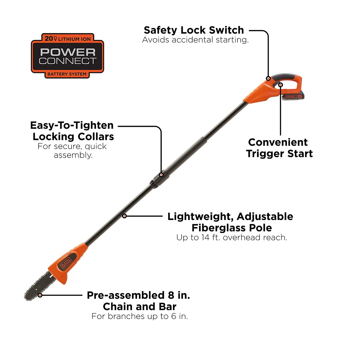 BLACK+DECKER Cordless 20V Max Lithium Ion Battery Powered Pole Saw, Pruning, Adjustable to 10Ft (LPP120B-CA) (Battery Sold Separately)