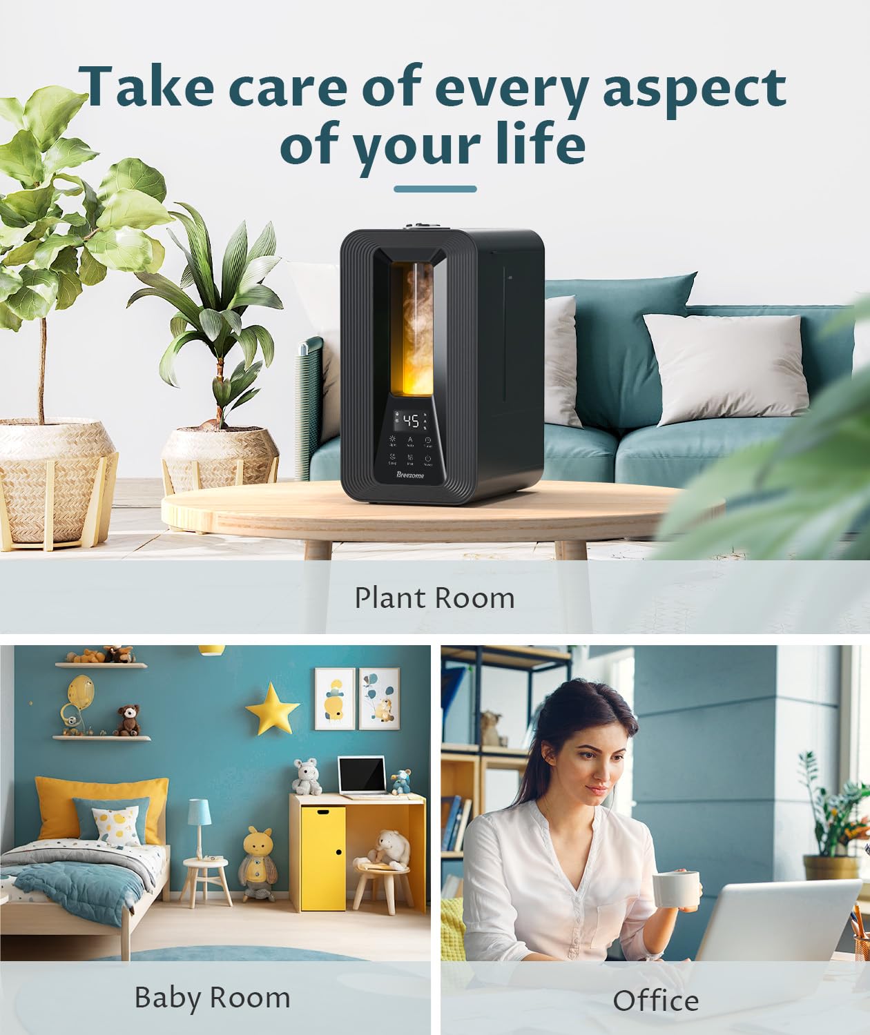 BREEZOME Humidifiers for Bedroom, 5L Top Fill Cool Mist Humidifier with Aroma Diffuser, Humidistat, Night Light, 50H Runtime, Quiet Ultrasonic Humidifiers for Home Large Room, Plants, Baby Nursery