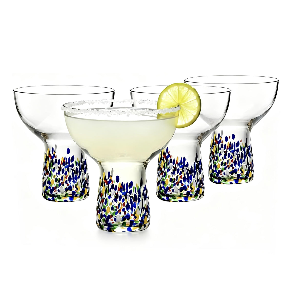 SEICASAYA Hand Blown Mexican Design Stemless Confetti Margarita Glasses, 180 ml Colorful Cocktail Glassware, Artisan Crafted Barware (Blue/ 4 Pieces)