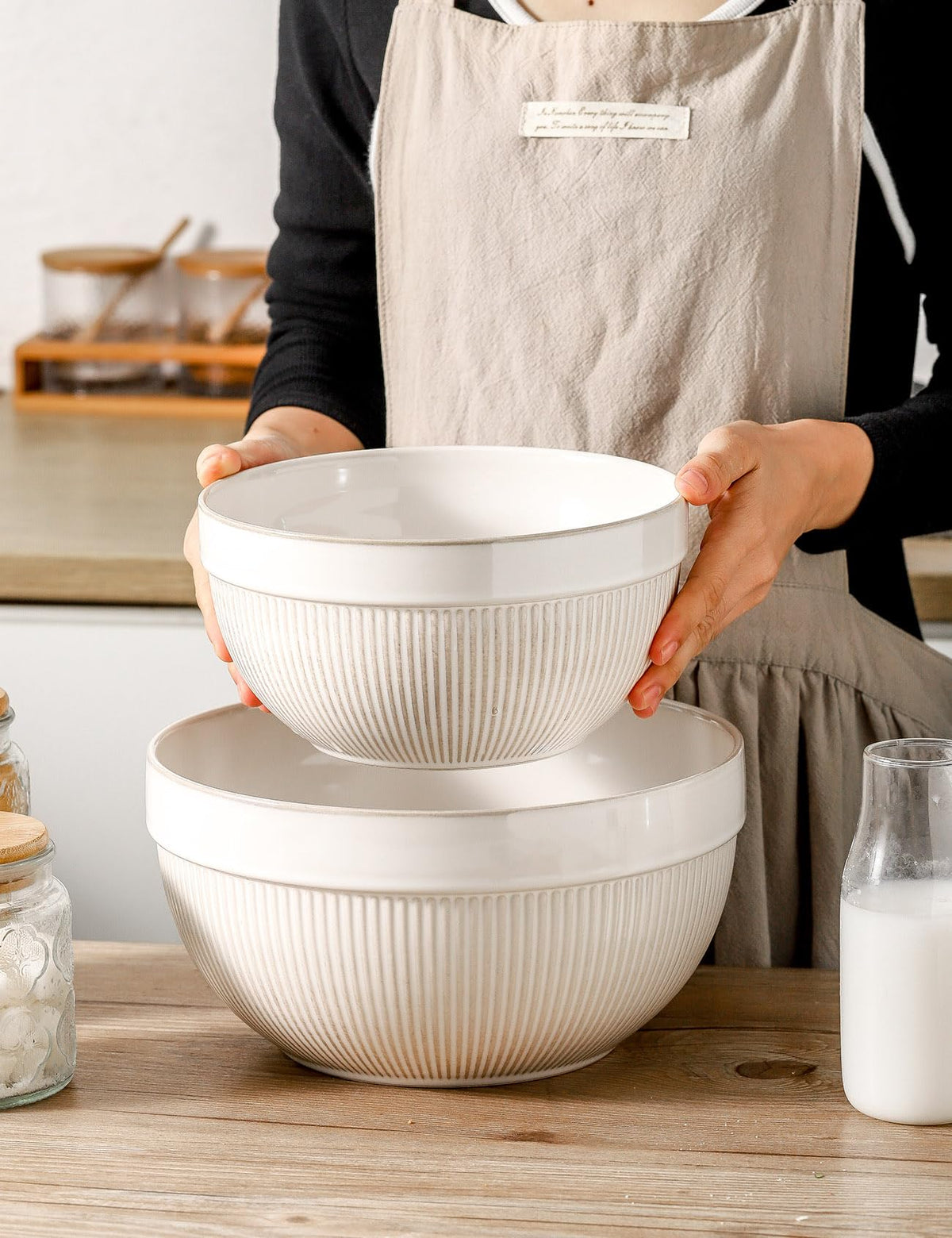 TEAKISS Ceramic Large Glazed White Stripe Mixing Bowls for Kitchen, Set of 2 Big Serving Bowls for Cooking, Popcorn, Salad, Soup, Baking, Dough Bread Making Bowl, 10 inch + 8 inch