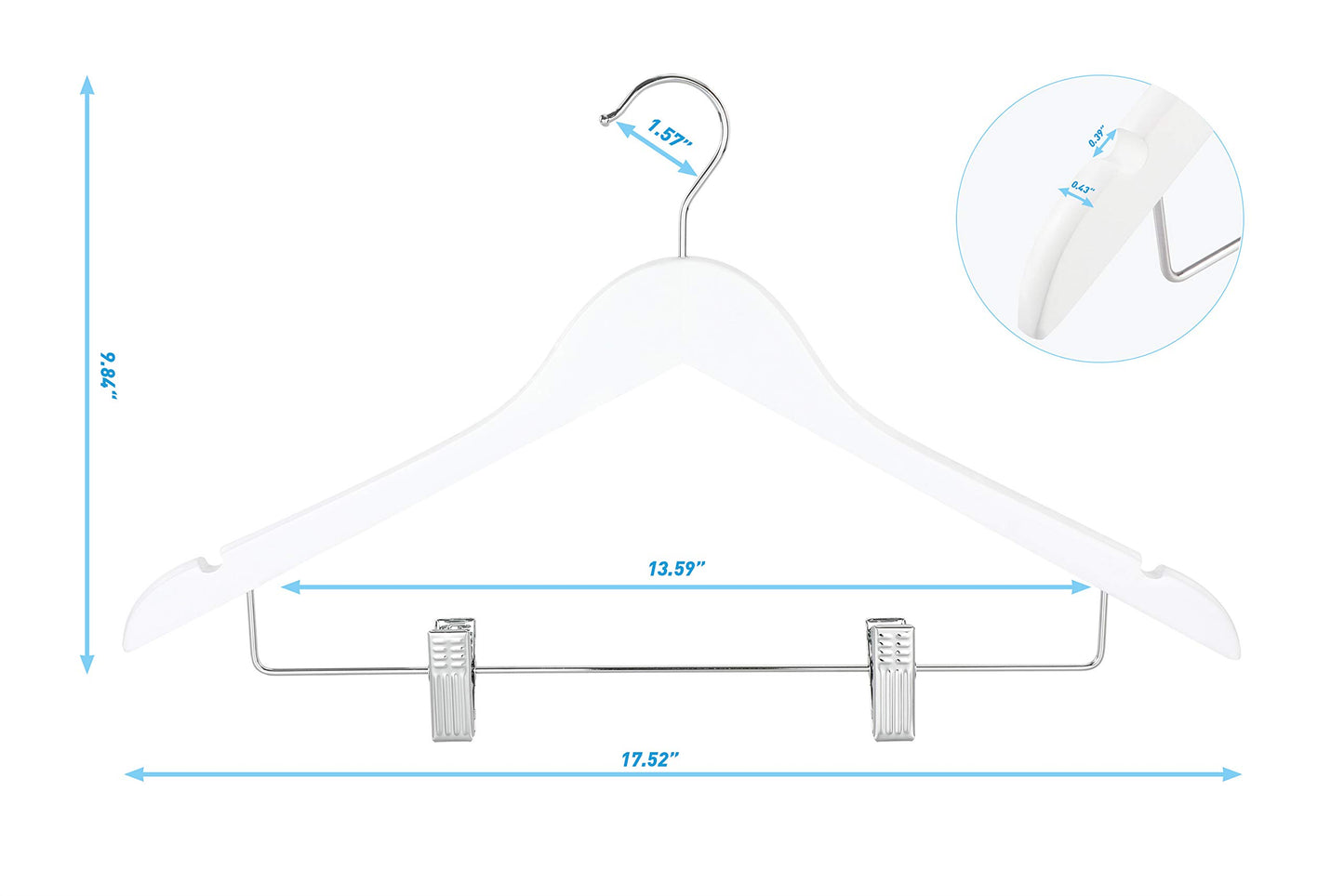TOPIA HANGER Wooden Suit Hangers with Adjustable Metal Clips (20 Pack), Solid Smooth Wood Clothes Hangers, 360° Swivel Hook, Premium Pants Hangers for Clothes Coat, Jeans, Blouse-White,CT28W20