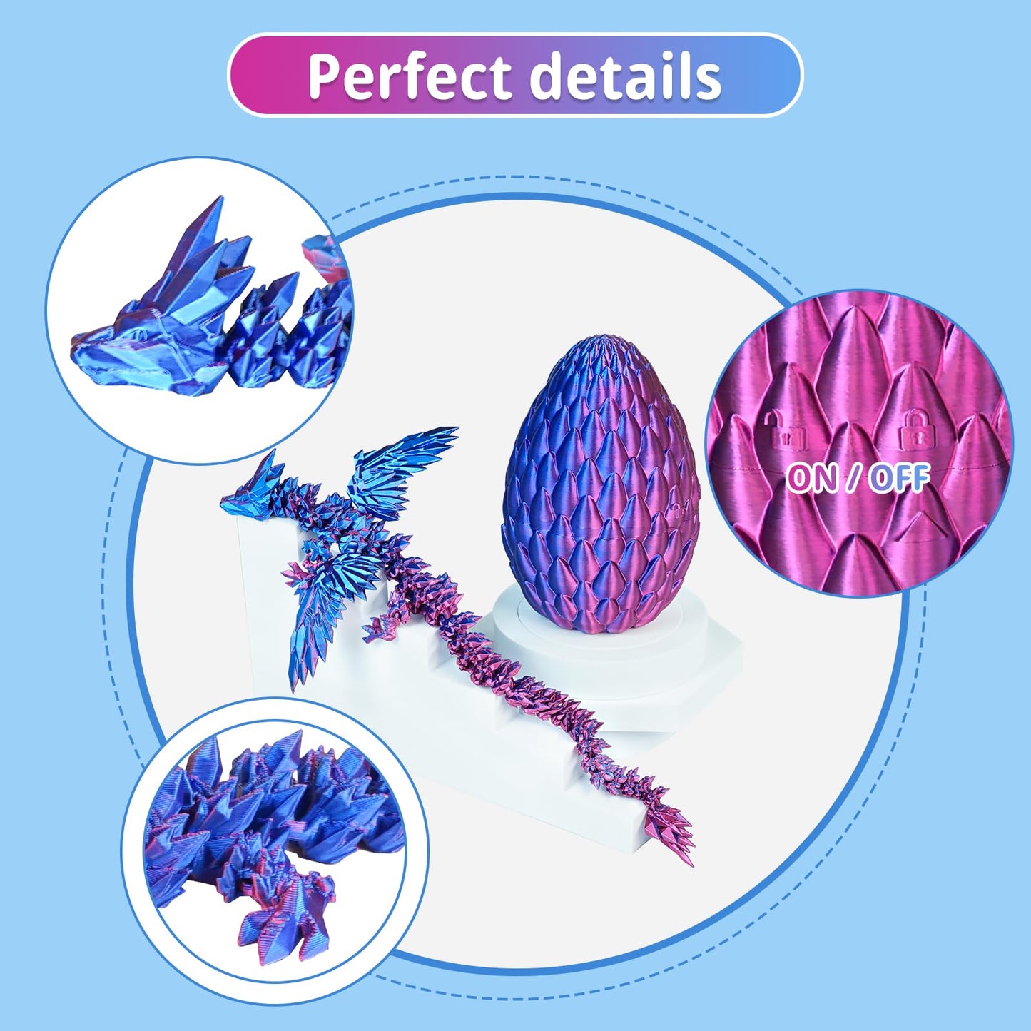 Flying Dragon Eggs, 3D Printed Dragon Egg with Articulated Dragon Inside, Toys for Kids, Home Decor, Creative Ornaments, Birthday Gifts for Kids(Blue Purple,Large)