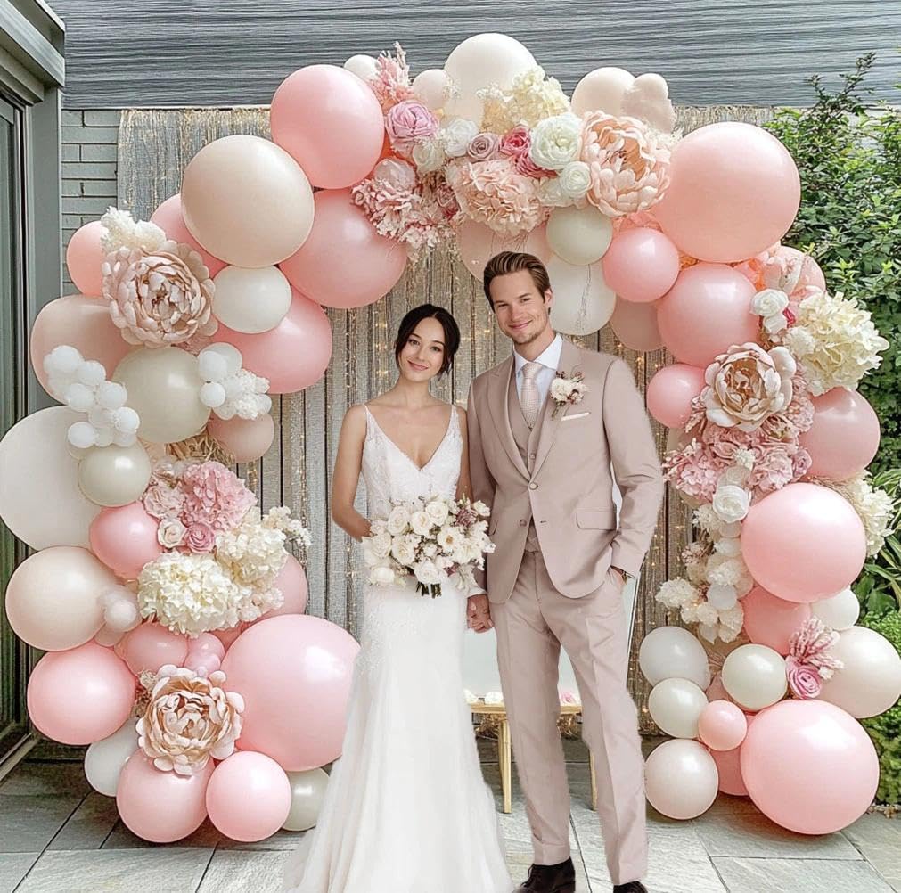Pink White Balloon Garland Double Stuffed Peach Balloons Cream Beige Pastel Pink Balloon Arch Kit Pearl Sand White Balloons for Baby Shower Birthday Wedding Anniversary Party Decoration