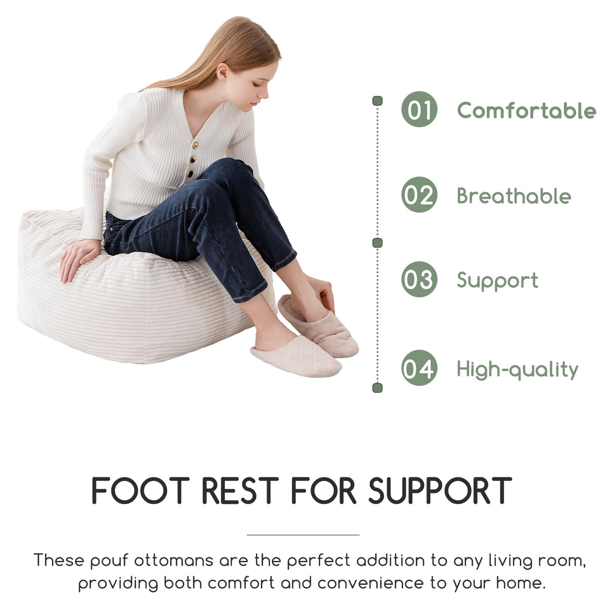 HIGOGOGO Square Stuffed Pouf Ottoman, Corduroy Poufs with Foam Chunk Filling, 21.5 X 21.5 Floor Poufs Foot Rest for Living Room,Beige