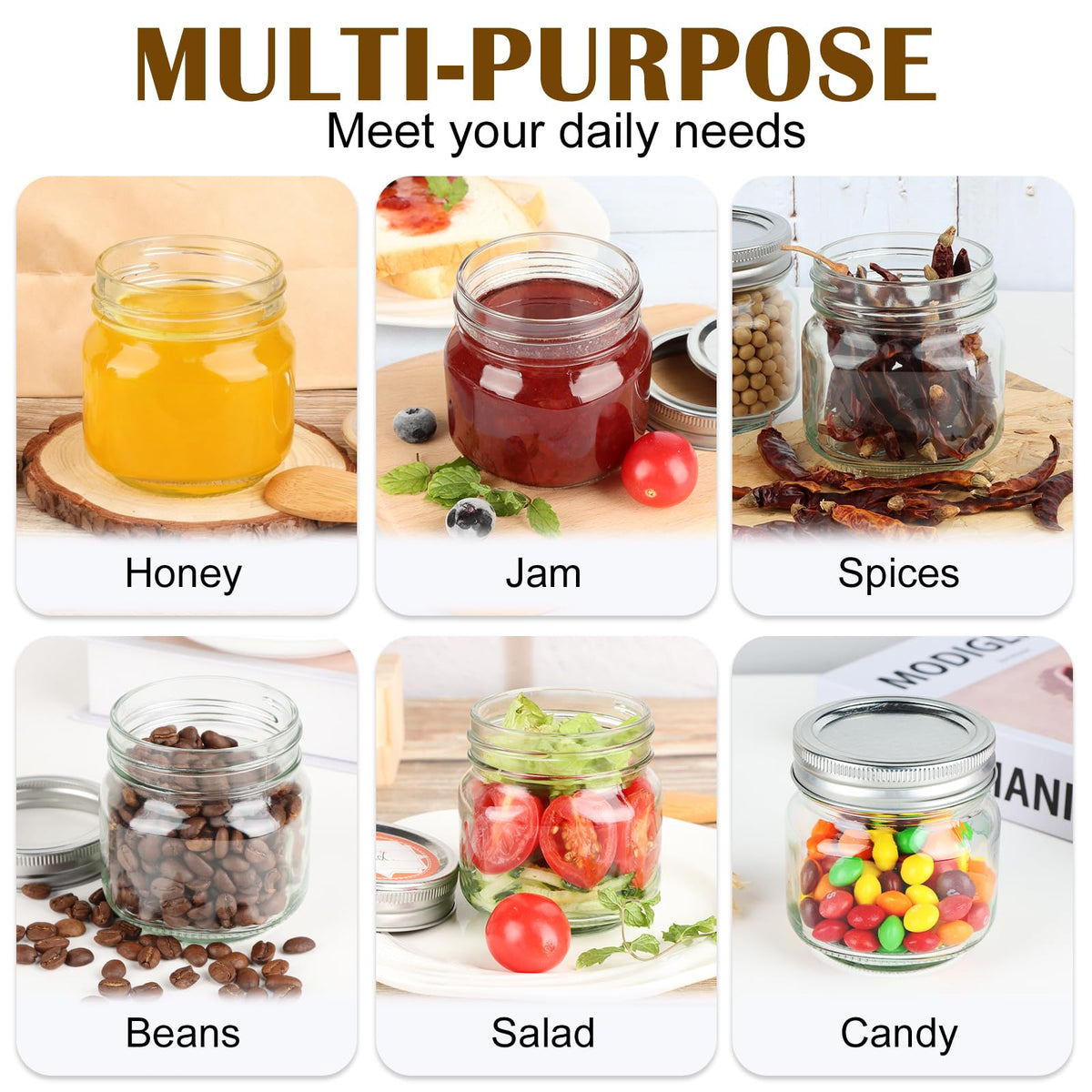 HINGWAN 24 Pack 8 Oz Mason Jars with Lids, Regular Mouth Glass Canning Jars for Storage, Jam, Honey, Jelly, Pickles, Wedding Favors, DIY Candles & Crafts