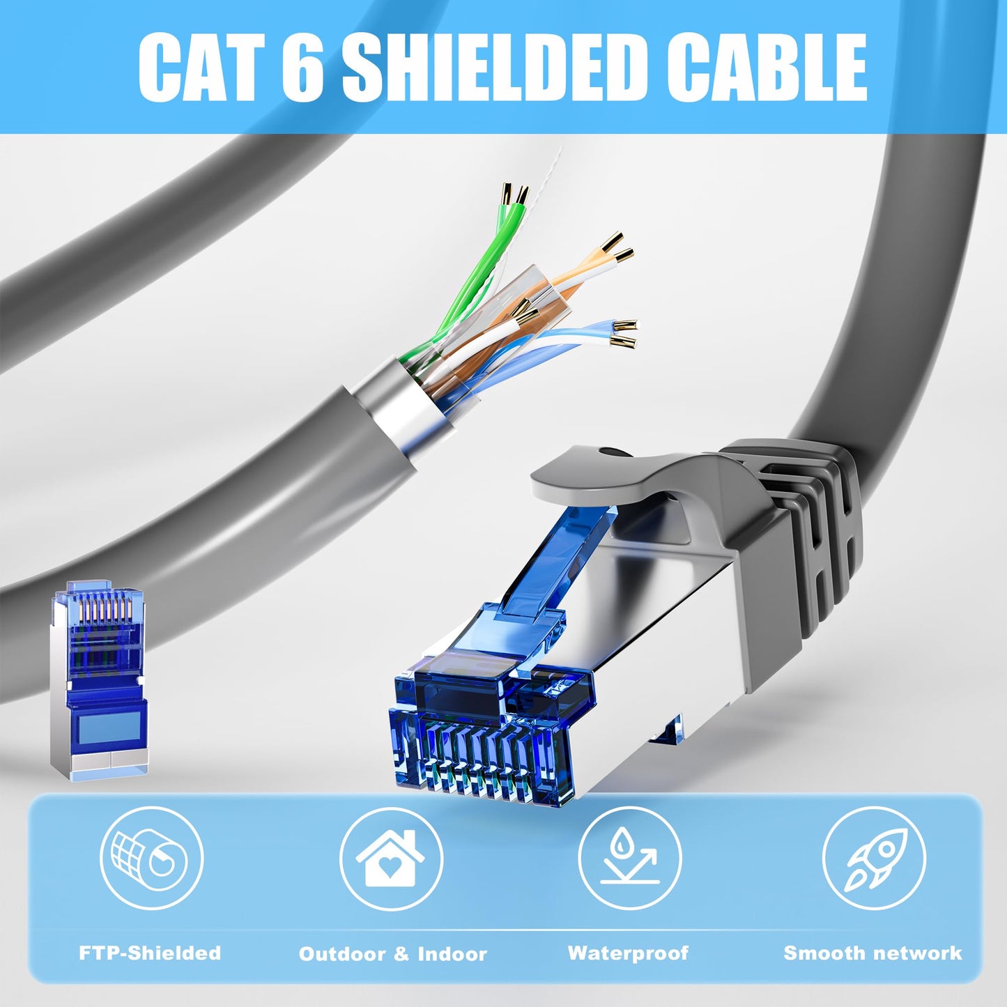 Cat 6 Outdoor Ethernet Cable 250ft (16 RJ45), 23AWG Cat6 Shielded Ethernet Cable Bulk, FTP, Waterproof, Direct Burial, In-Ground, UV Resistant, Network, Internet, LAN Cables Cord, for Router
