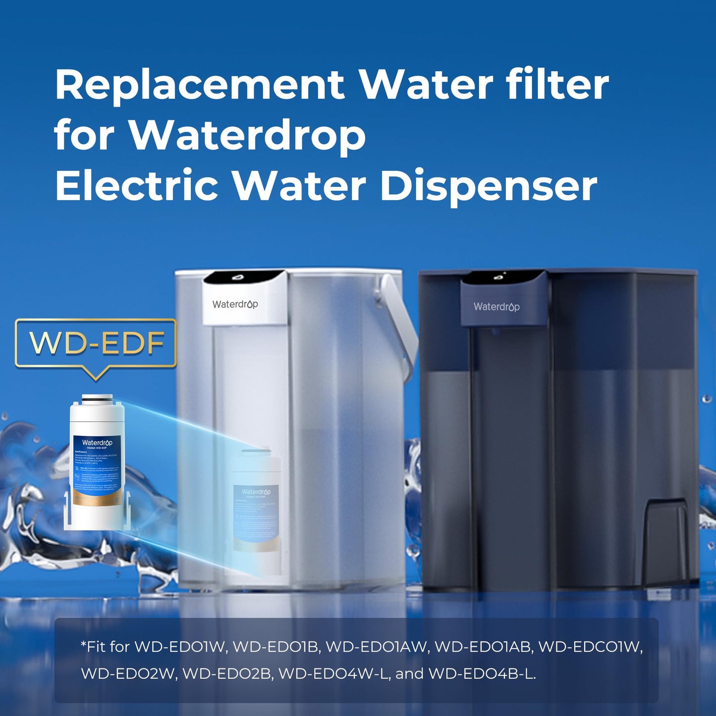 Waterdrop WD-EDF Replacement Filters for Waterdrop Electirc Water Filter Pitcher ๐๐-๐๐๐๐/๐๐๐๐/๐๐๐๐, 3 Months or 200 Gallons, NSF/ANSI 401&53&42, 3 Filters