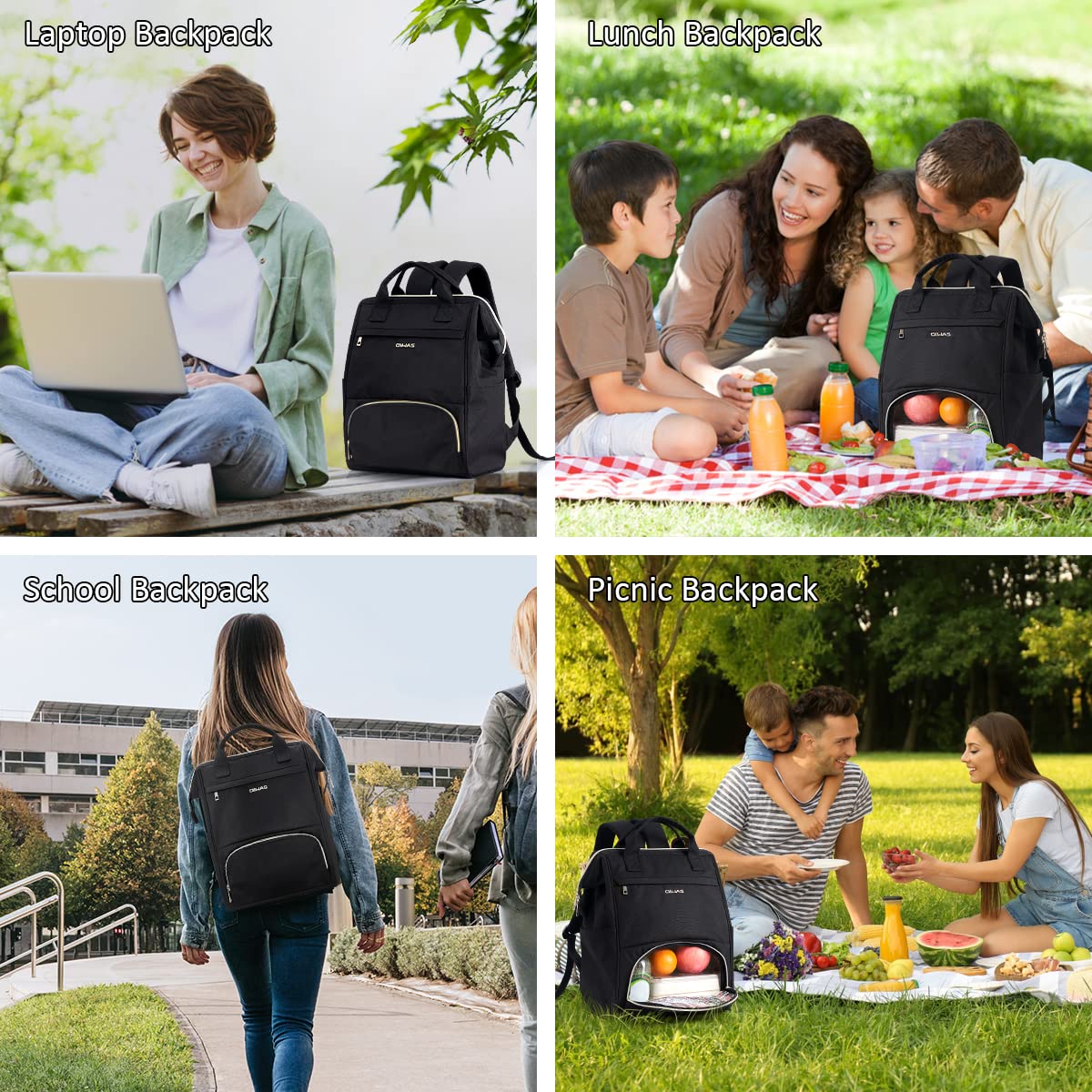 OIWAS Lunch Backpack for Women and Men, 15.6 inch Laptop Backpack with Insulated Compartment, Work Backpack with USB Port, Lunch Bag Suitable for Travel Work Picnics Hiking, Black