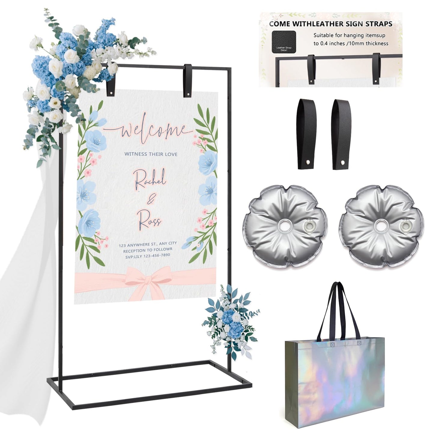 Wedding Sign Holder,Adjustable welcome to our wedding sign stand with 2 Sign Hanging Straps ,Heavy Duty sign holder stand, welcome sign stand for party, wedding seating chart,Easel for Display(black)
