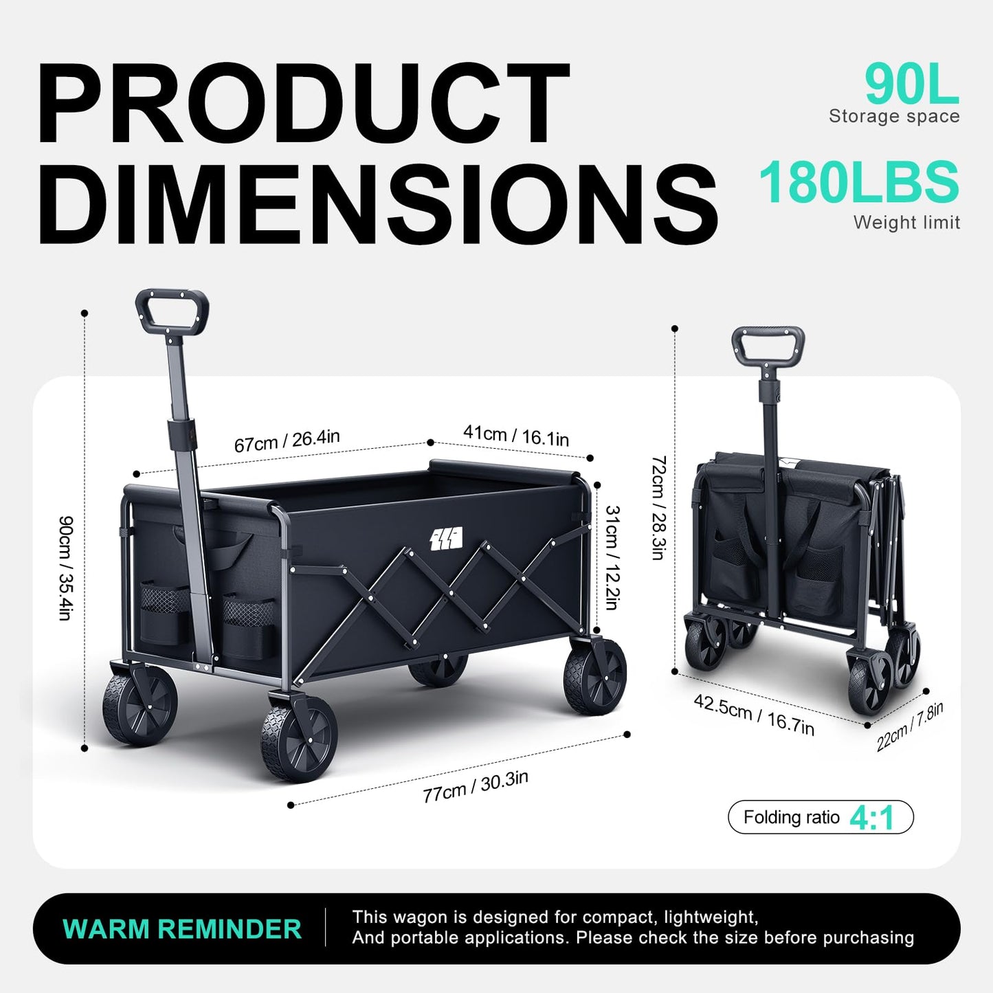 Collapsible Foldable Wagon, Foldig Cart with Wheel Heavy Duty with 180lbs Weight Capacity Lightweight Utility Camping Wagon for Groceries Garden Beach Sports Fishing