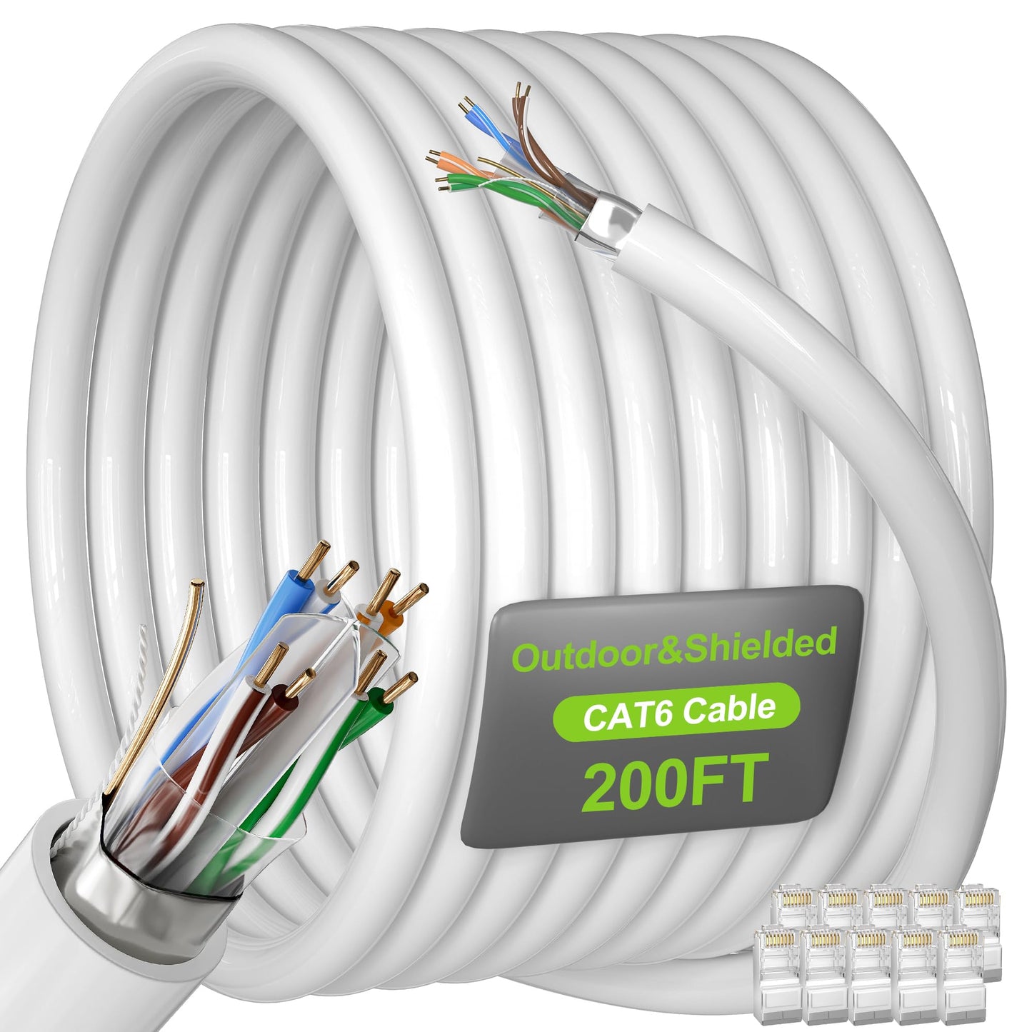 Cat 6 Ethernet Cable 200ft Outdoor&Indoor (10 RJ45), Cat 6 Shielded Cable Bulk White, Direct Burial, Heavy Duty 23 AWG, Waterproof, UV Resistant, Cat 6 Gigabit Internet Cable for Gaming, CCA, White