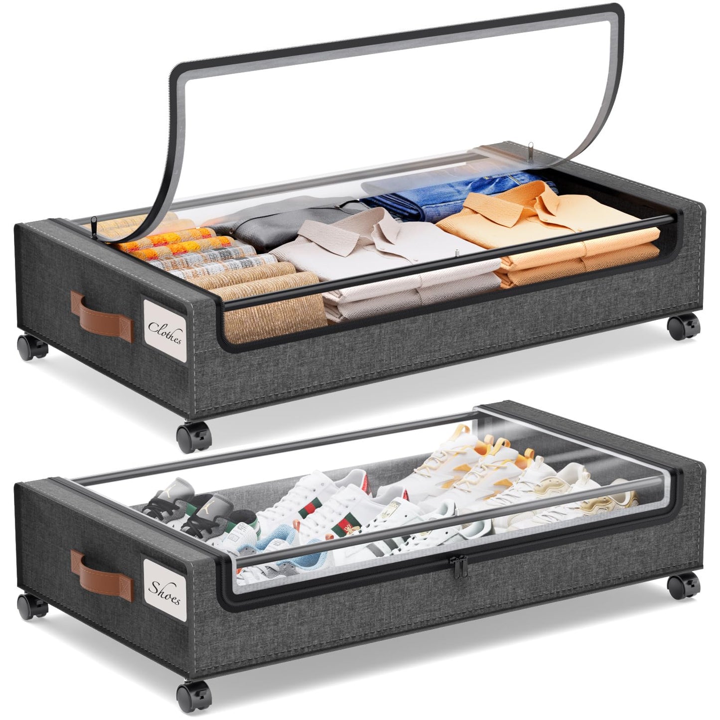 Yecaye 60L Under Bed Storage with Wheels, 2 Pack Under Bed Storage Containers, Underbed Shoe Storage with Clear Window & Label, Rolling Under Bed Metal Drawer for Clothes, Shoes, Books, Grey