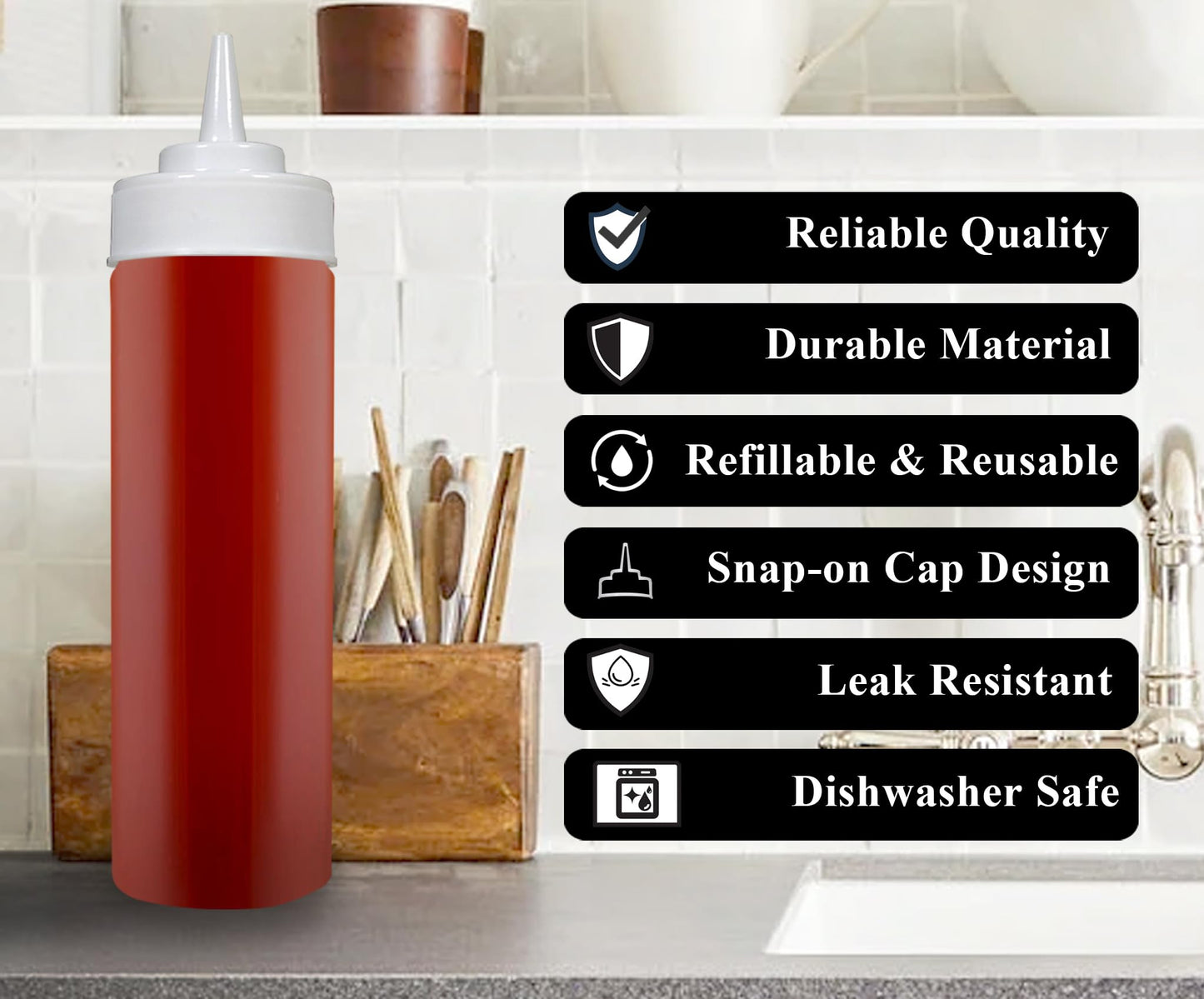 Pro-Kitchen 24 Oz (6 Count) Clear Squeeze Condiment Bottles, Leakproof Reusable Plastic Squirt Bottle for Ketchup, BBQ, Salad, Dressing, Sauce and Pancake
