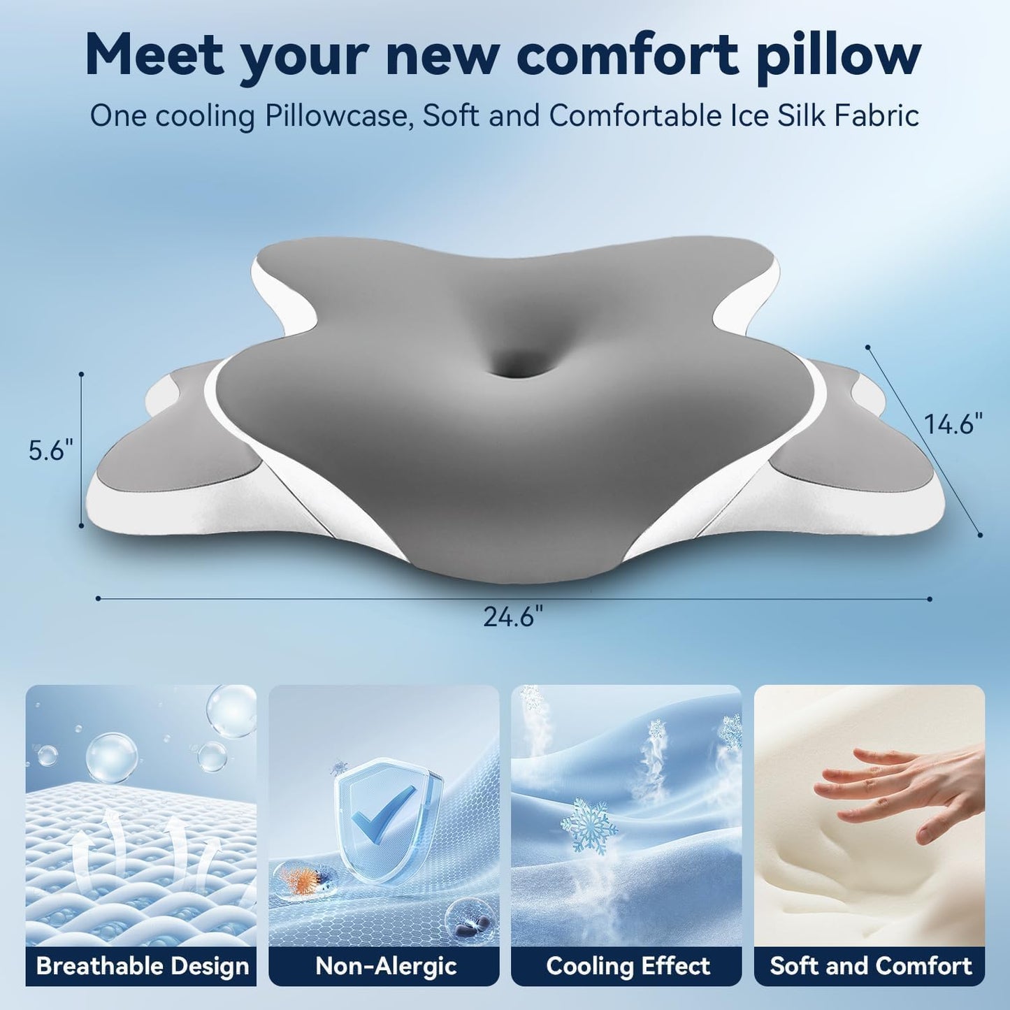 Sleep Apnea Pillow with Neck Pain & Snoring Relief -Orthopedic Cervical Pillow, Ergonomic Contour Memory Foam Pillow for Side,Back,Stomach Sleepers,Dreamers (Darkgrey, Queen Size)