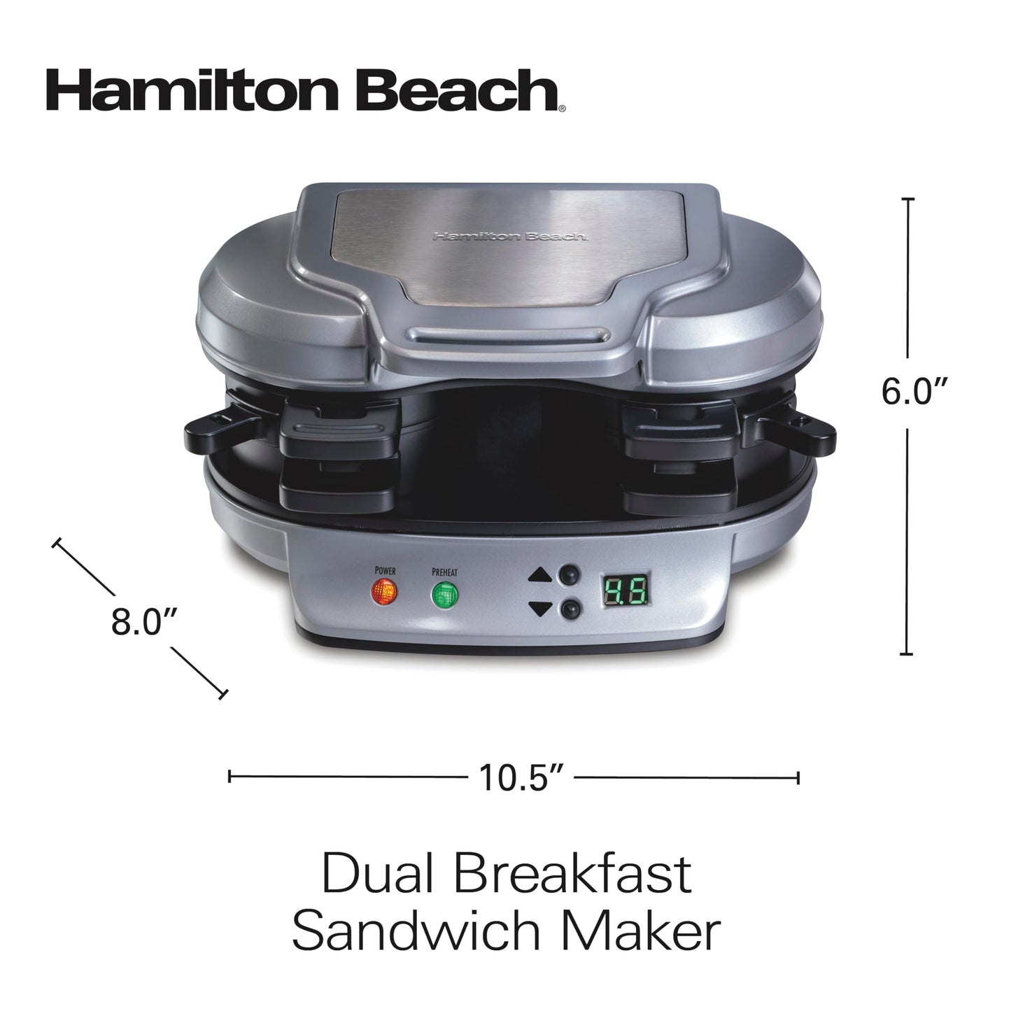 Hamilton Beach Dual Breakfast Sandwich Maker with Timer, Ready in 5 Minutes, Removable Dishwasher Safe PFAS-Free Non-Stick Egg Cooker Ring, Silver (25490C)