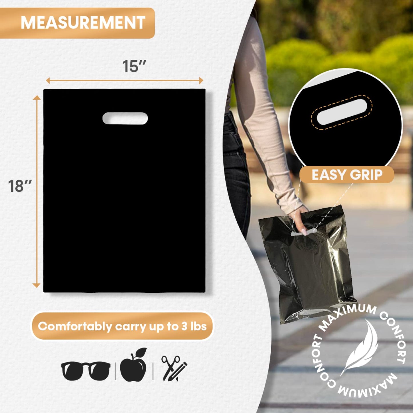 BLACK PLASTIC MERCHANDISE STORE BAGS, different sizes 9"x12", 12"x15", 15"x18" PACKS of 100/200/500 Retail Product Bags I 100% Recyclable (200, 15"x18)