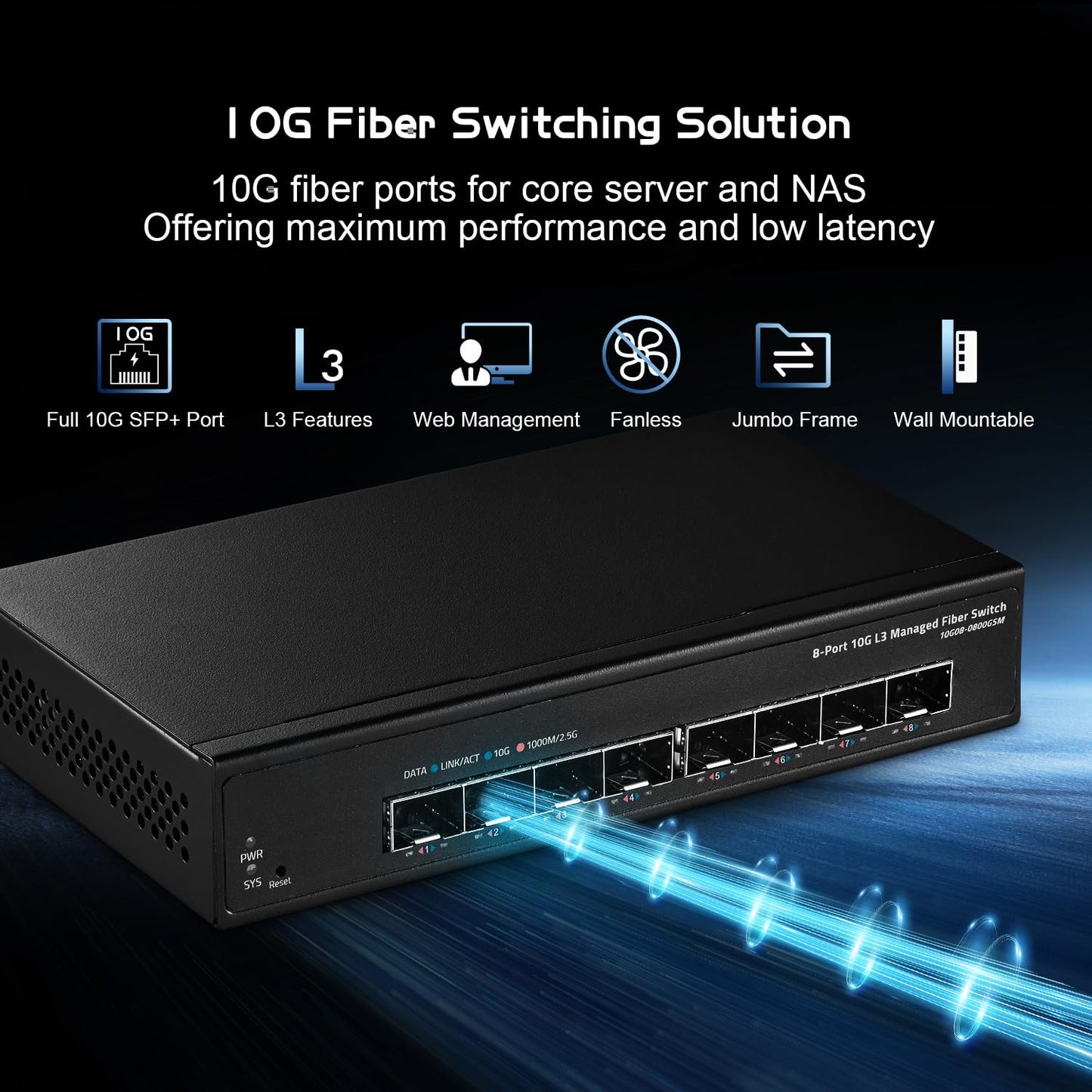 Binardat 8 Port 10 Gigabit SFP Managed Switch, Support 1G SFP and 10G SFP+ Module, 160Gbps Bandwidth, L3 Web/CLI Managed, Metal Fanless Fiber Network Switch