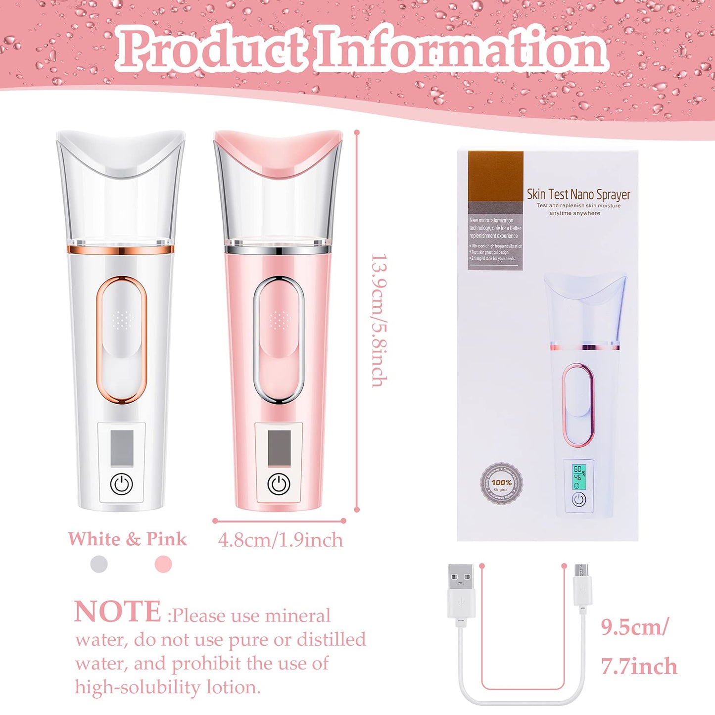 2 Pieces Handy Nano Mist Sprayer with Skin Analyzer Moisture Tester Portable Nano Facial Mister Face Steamer Atomization Mini Eyelash Extensions USB Rechargeable Moisturizing & Hydration for Skin Care