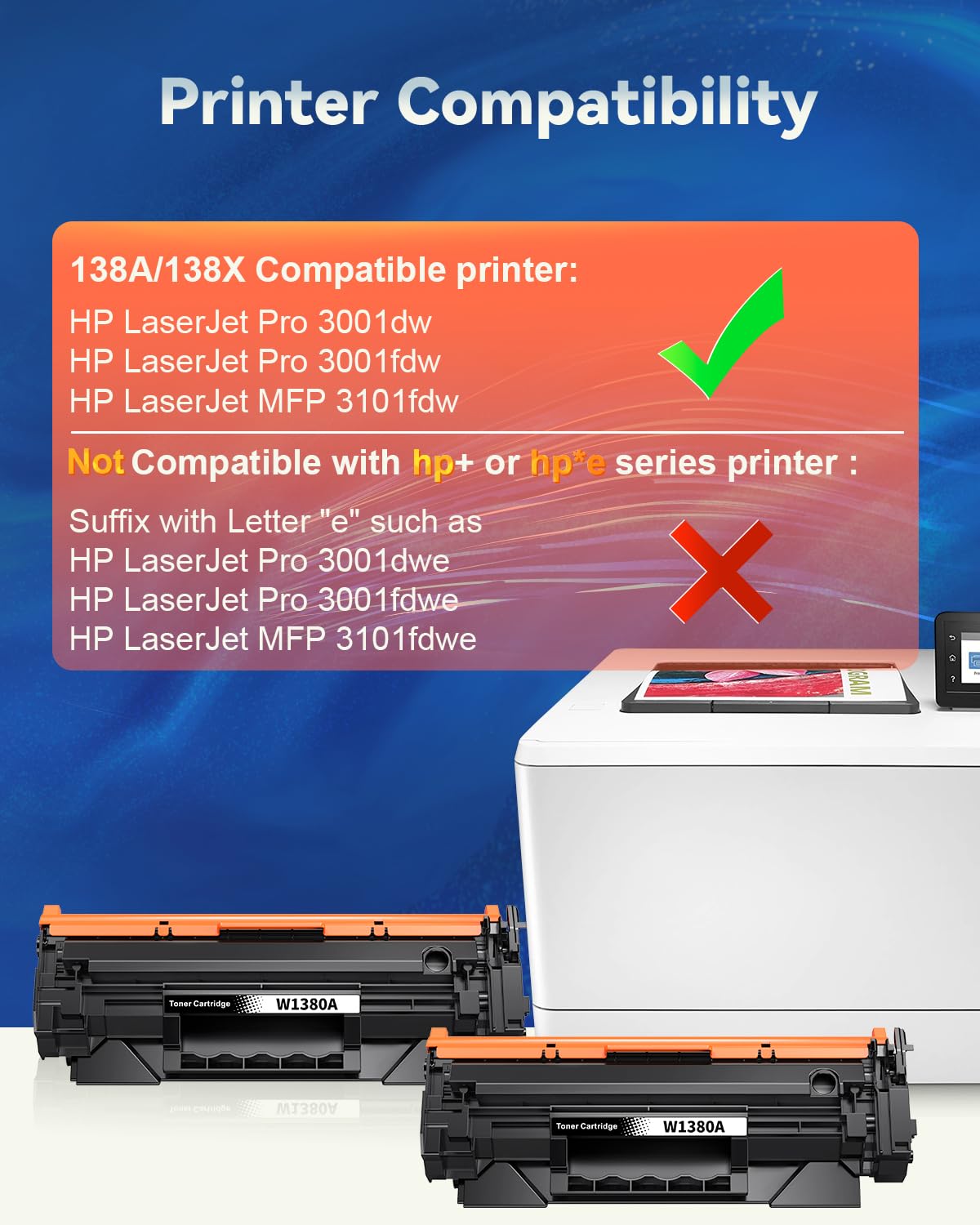 (with Chip) 138A Toner Cartridges Black Compatible Replacement for HP 138A W1380A 138X W1380X Work with HP Laserjet Pro 3001dw 3001fdw MFP 3101fdw Printer Toner (138A Black 2 Pack)