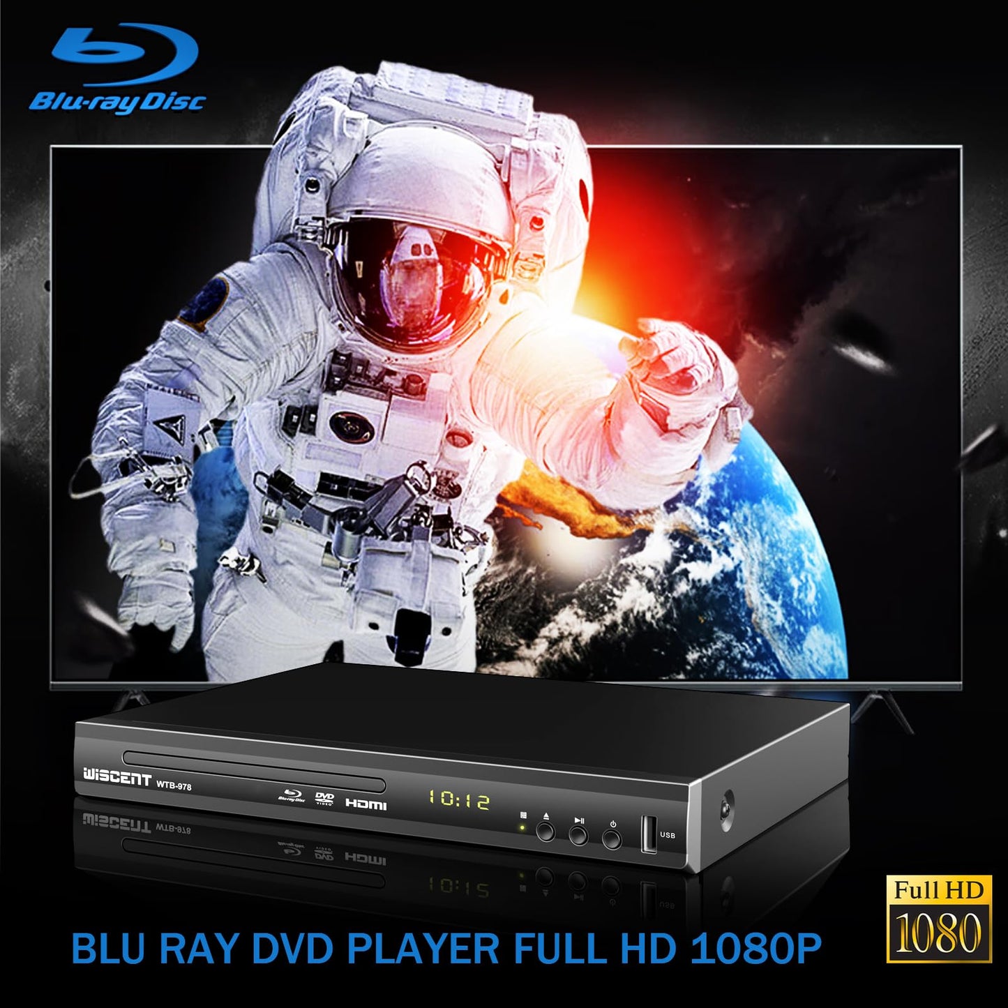 Blu Ray DVD Player, WISCENT Full HD 1080p Home Theater Disc System, Region A/1 Blu-Rays,HD Blu-Ray DVD Player for TV with Coaxial Audio/HDMI/AV/Output, USB Input, Built-in PAL NTSC