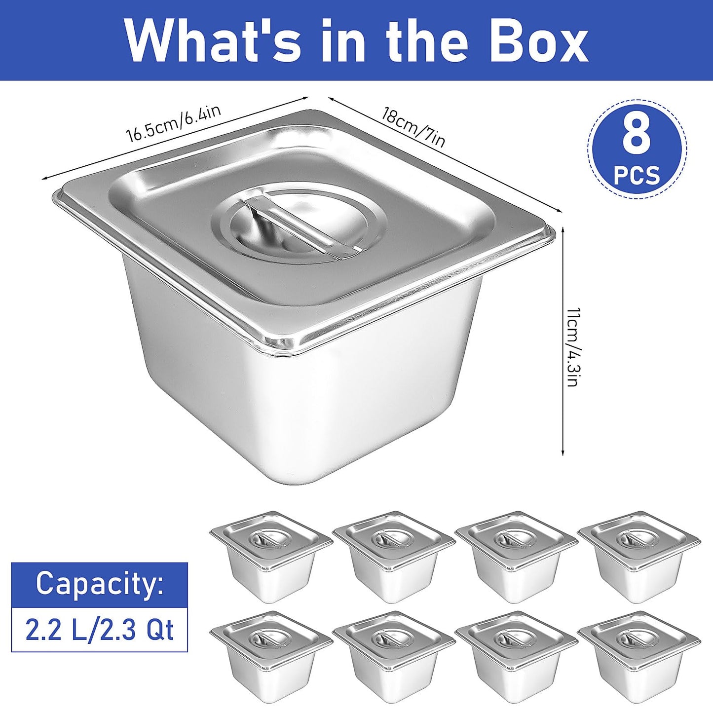 8 Set Stainless Steel Hotel Pans 4 Inch Deep Steam Table Pan with Lids Stainless Food Storage Containers Stackable Metal Steamer Pan for Kitchen Restaurant Party Buffet Event Catering