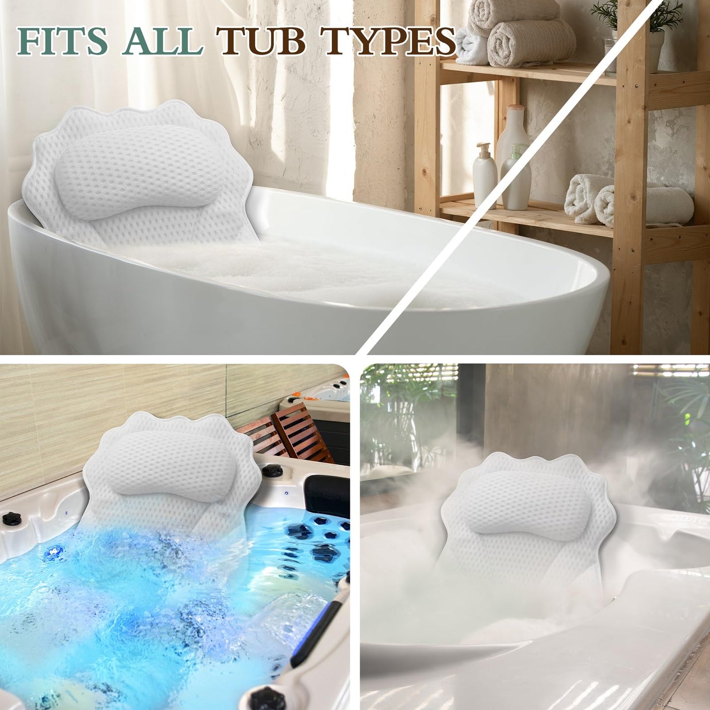 Bath Pillow RUVINCE Ergonomic Luxury Bathtub Pillow with Head,Neck, Shoulder and Back Support, 6D Bath Pillows for tub with 6 Powerful Suction Cups, Fits All Bathtub