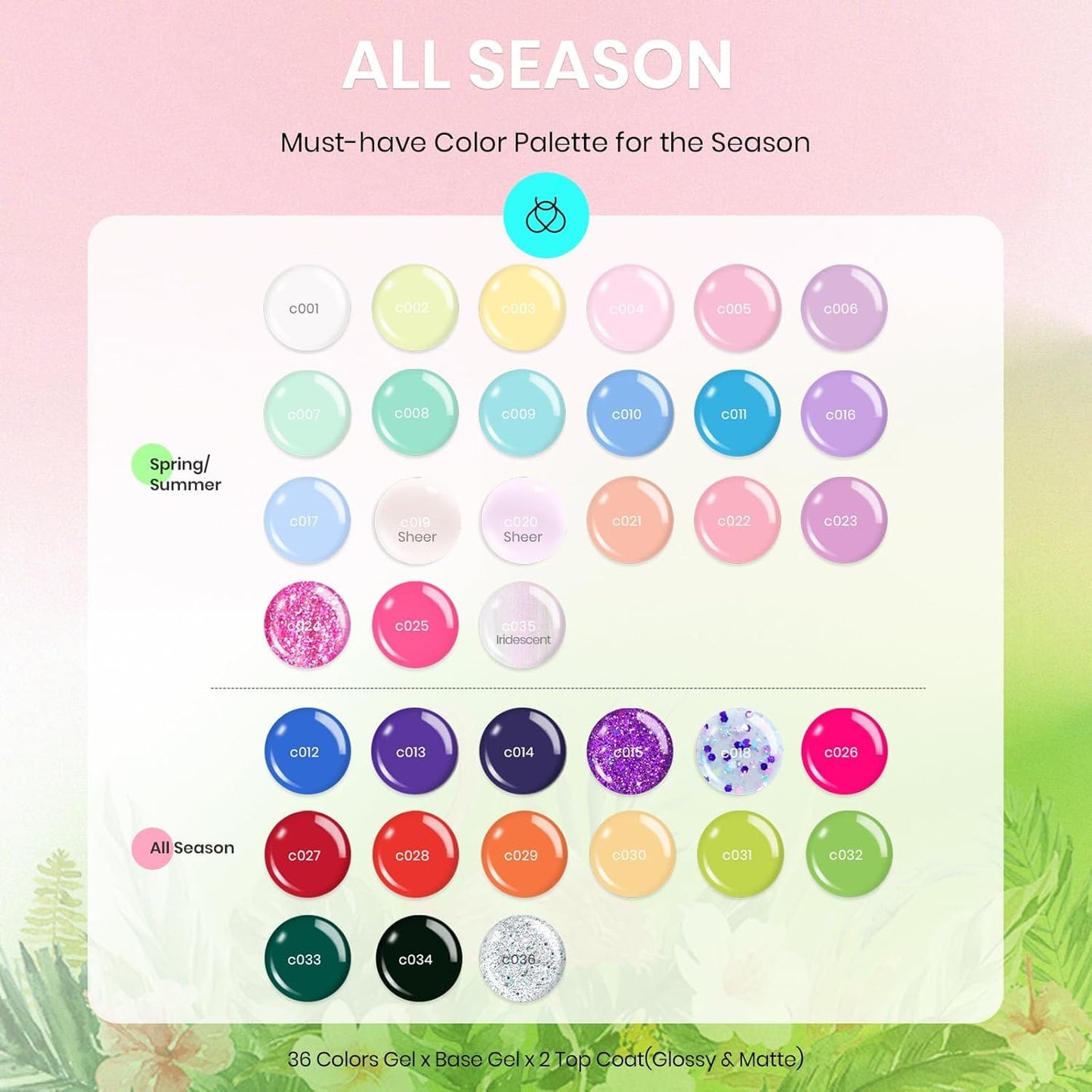 Beetles Gel Nail Polish Kit 36 Colors with 3pcs Base Gel Glossy & Matte Top Coat Easter Nail Art, Summer Spring Pastel Girly Colors Gel Polish Set All Seasons Sparkle Glitters Color Gift for Girls