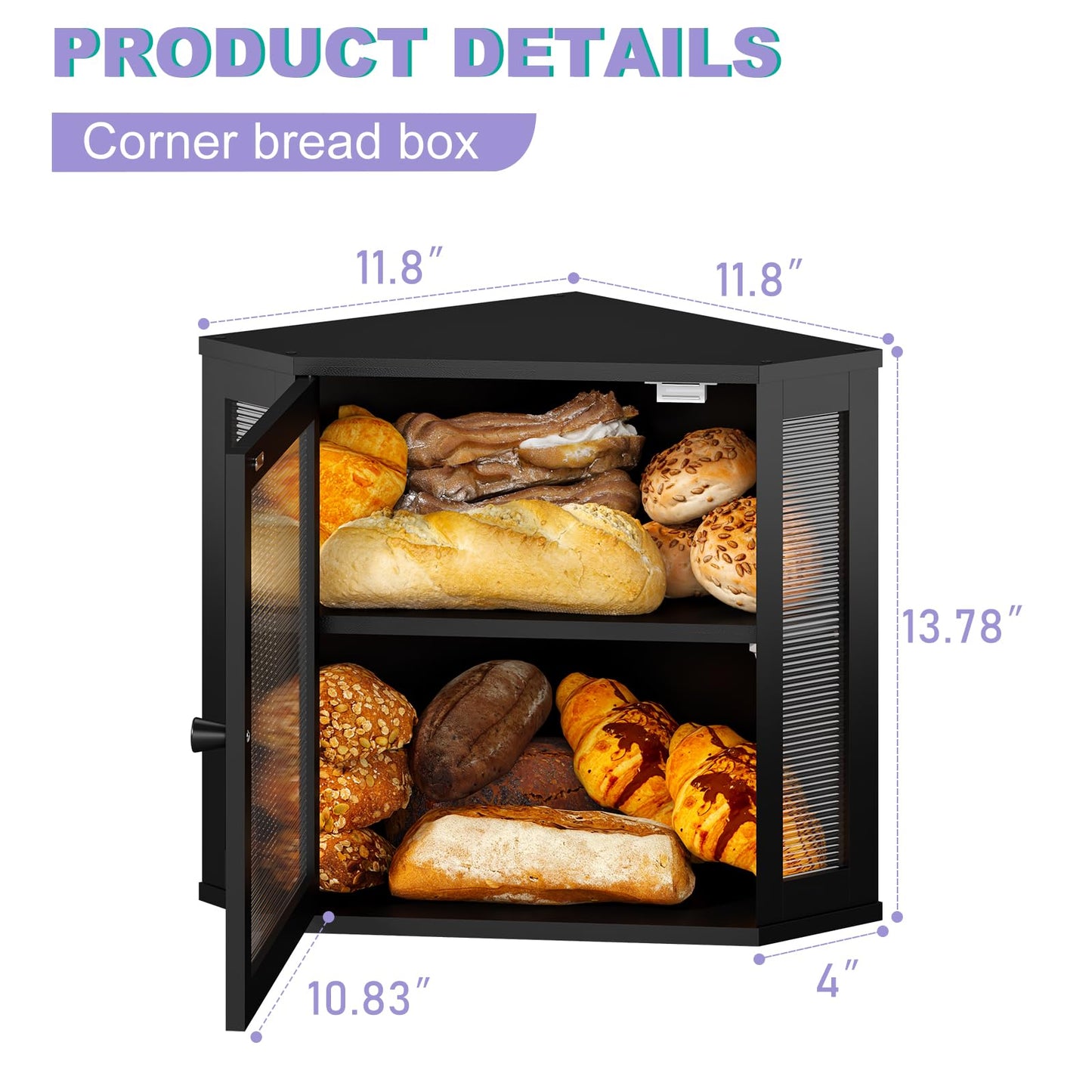 Wieghda Corner Bread box for Kitchen Countertop,Farmhouse Bread Box with Acrylic Wavy Door Panel,Large Bread box for kitchen countertop,Kitchen Countertop Food Storage Container (Black, Medium)