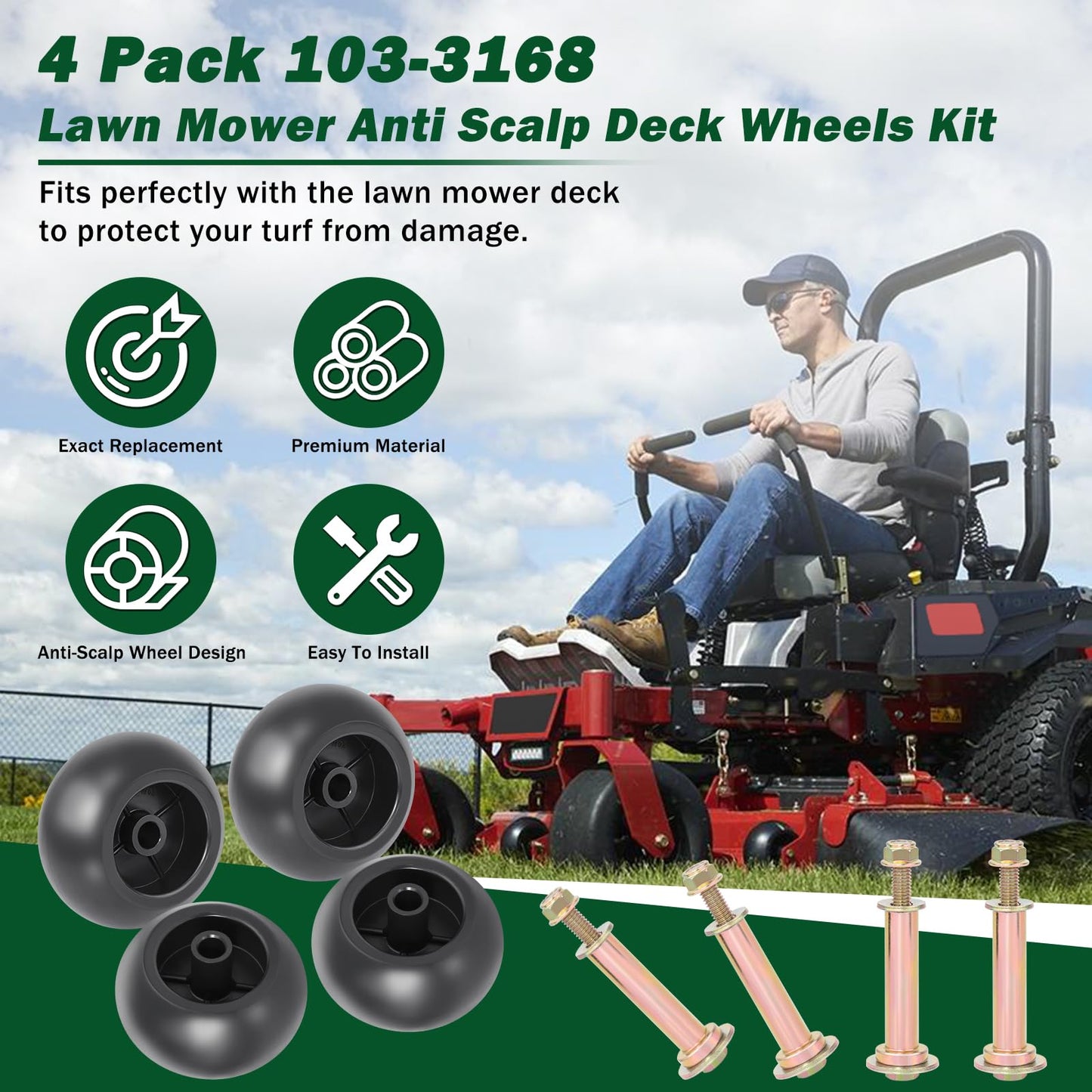 CheeMuii 4 Pack Anti Scalp Mower Deck Wheel Kit 5/8" Bore Lawn Mower Deck Wheels Replace for Bad Boy 022-5234-98 Replace for Exmark 103-4051 103-7263 Etc