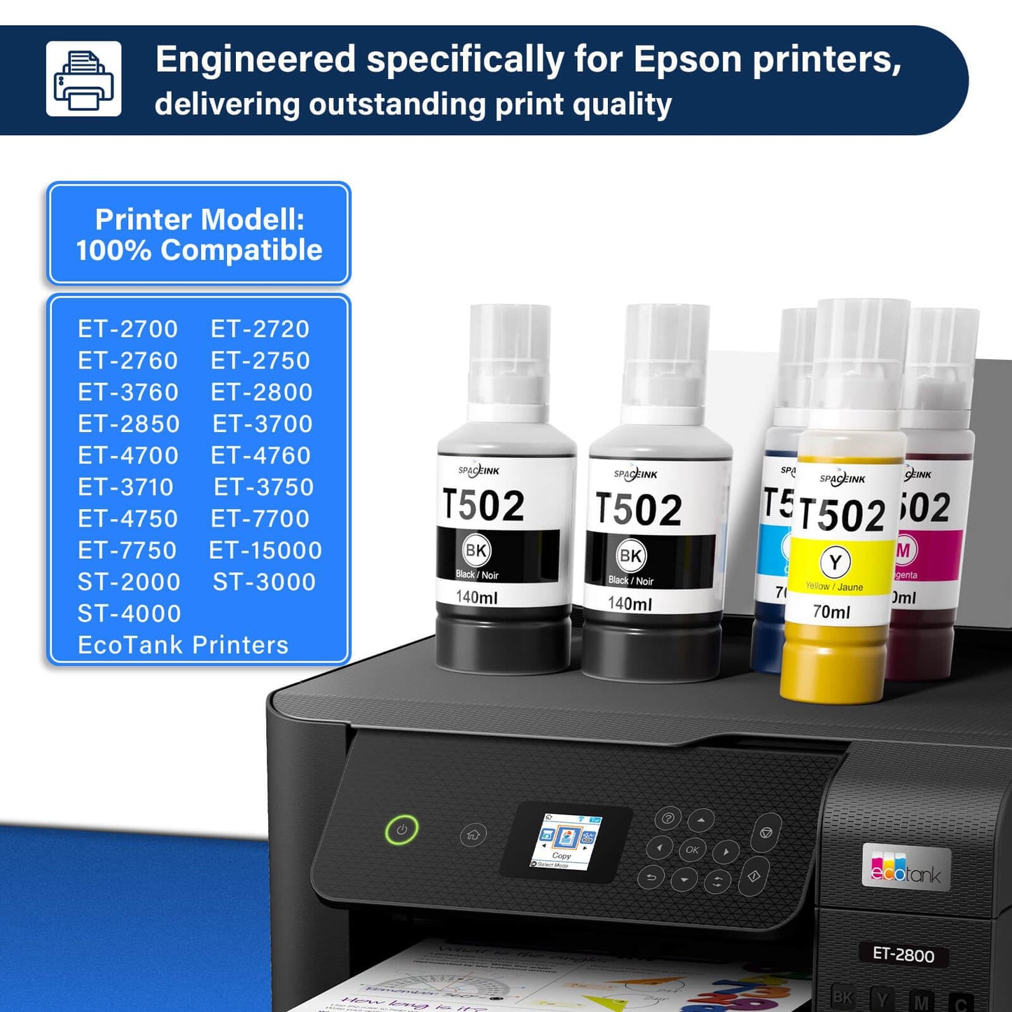 502 Ink Refill Bottles for Ecotank ET-4850 ET-2850 ET-3830 ET-3850 ET-2760 ET-2750 ET-4760 ET-3750 ET-15000 ET-3760 ET-3710 ET-3700 ET-4750 ET-2700 Printer, Large Capacity Combination Pack (2BK CMY)