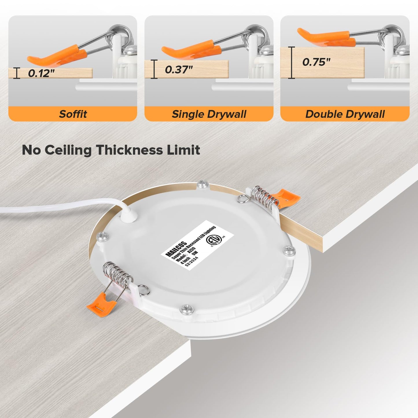 MAILCOS 6 Pack 4 Inch 5CCT Ultra-Thin LED Recessed Ceiling Light with Junction Box, 2700K-5000K Selectable, 810LM High Brightness, Dimmable Canless Wafer Downlight, 9W 120V, ETL