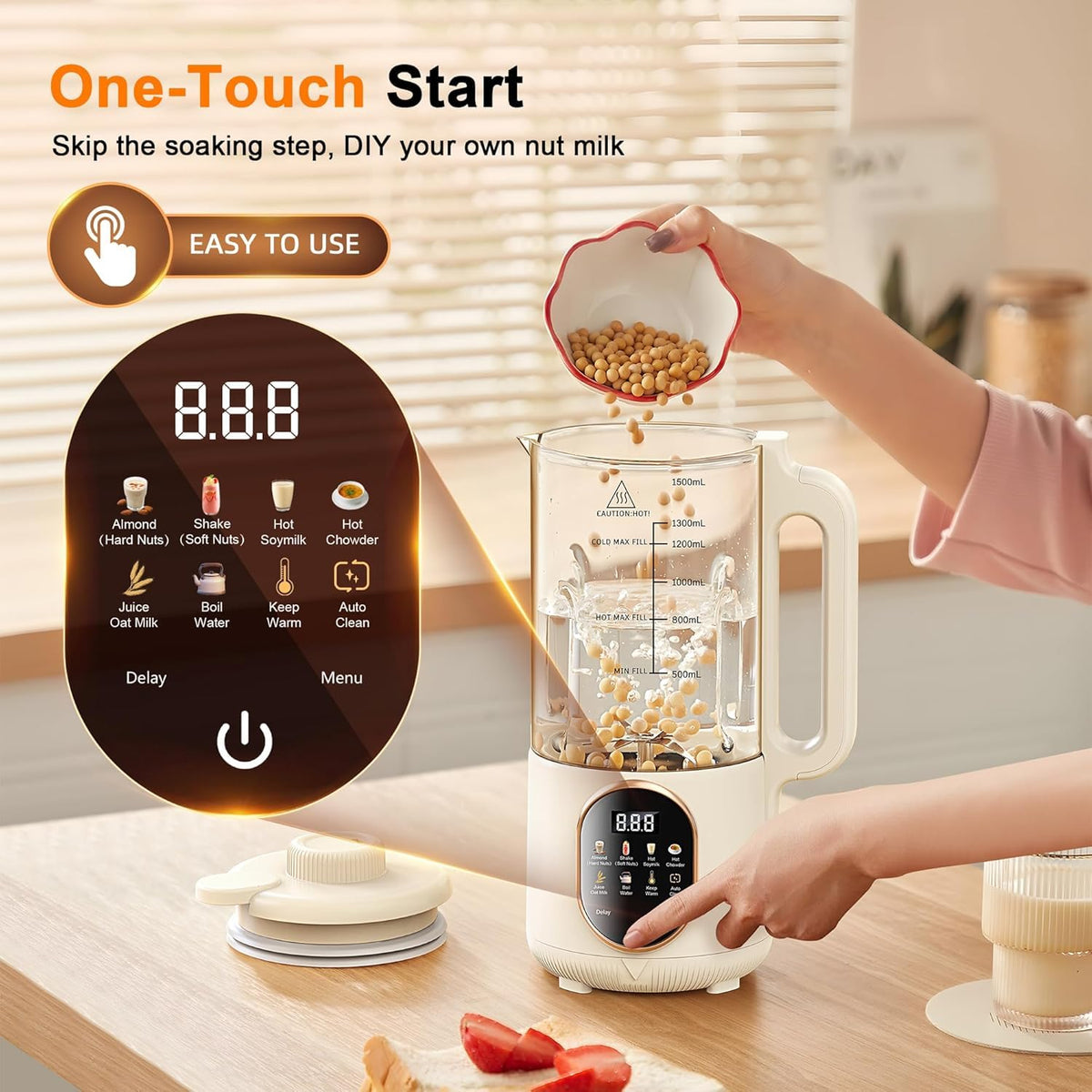 1500ml Automatic Nut Milk Maker 20 Blades for Almond Oat Soy 10 in 1 Milk Plant Based Milks Chowder Juice with Delay Start Boil Water Keep Warm Auto Clean