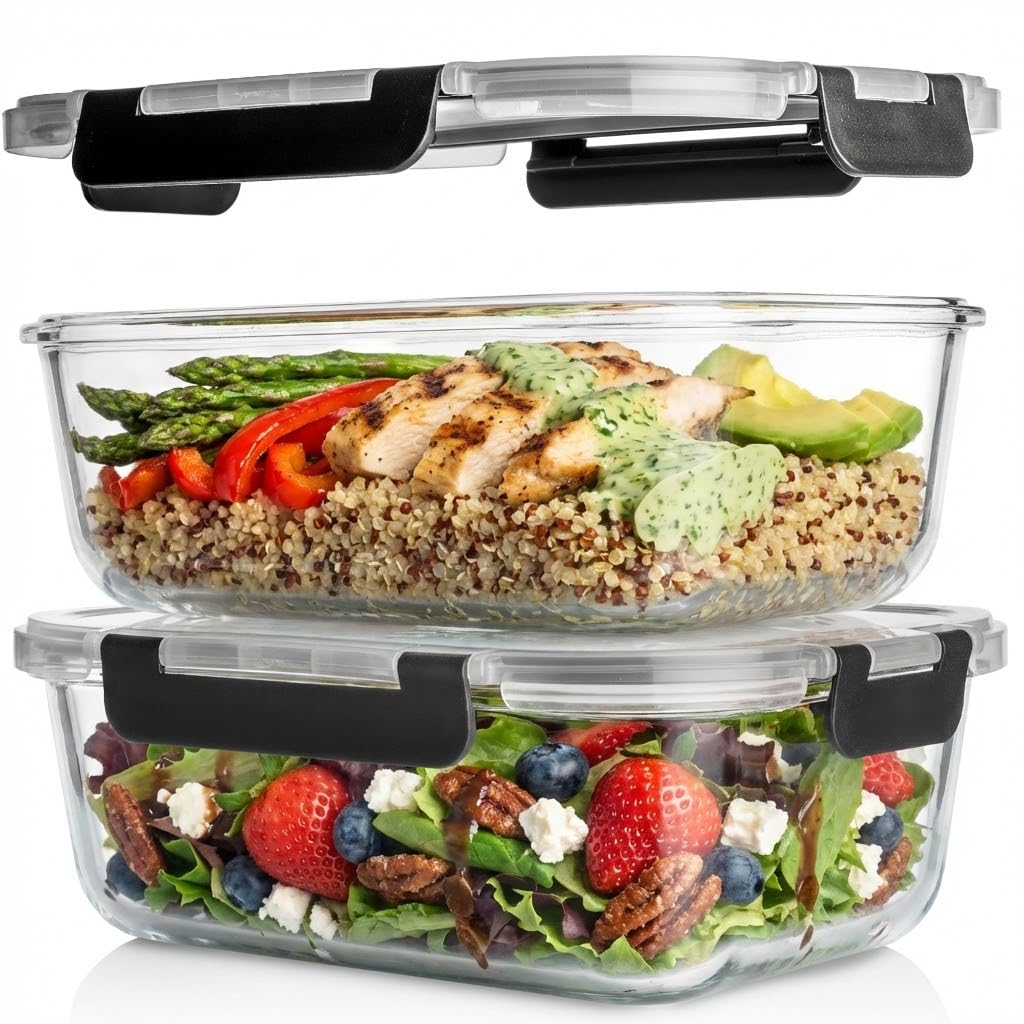 8 Cups/ 63 Oz 4 Piece (2 containers + 2 Lids) Large Glass Food Storage/Baking Containers w/Locking Lids Ideal for Storing food, vegetables/fruits BPA Free & Leak Proof Microwave, Oven Safe - Black