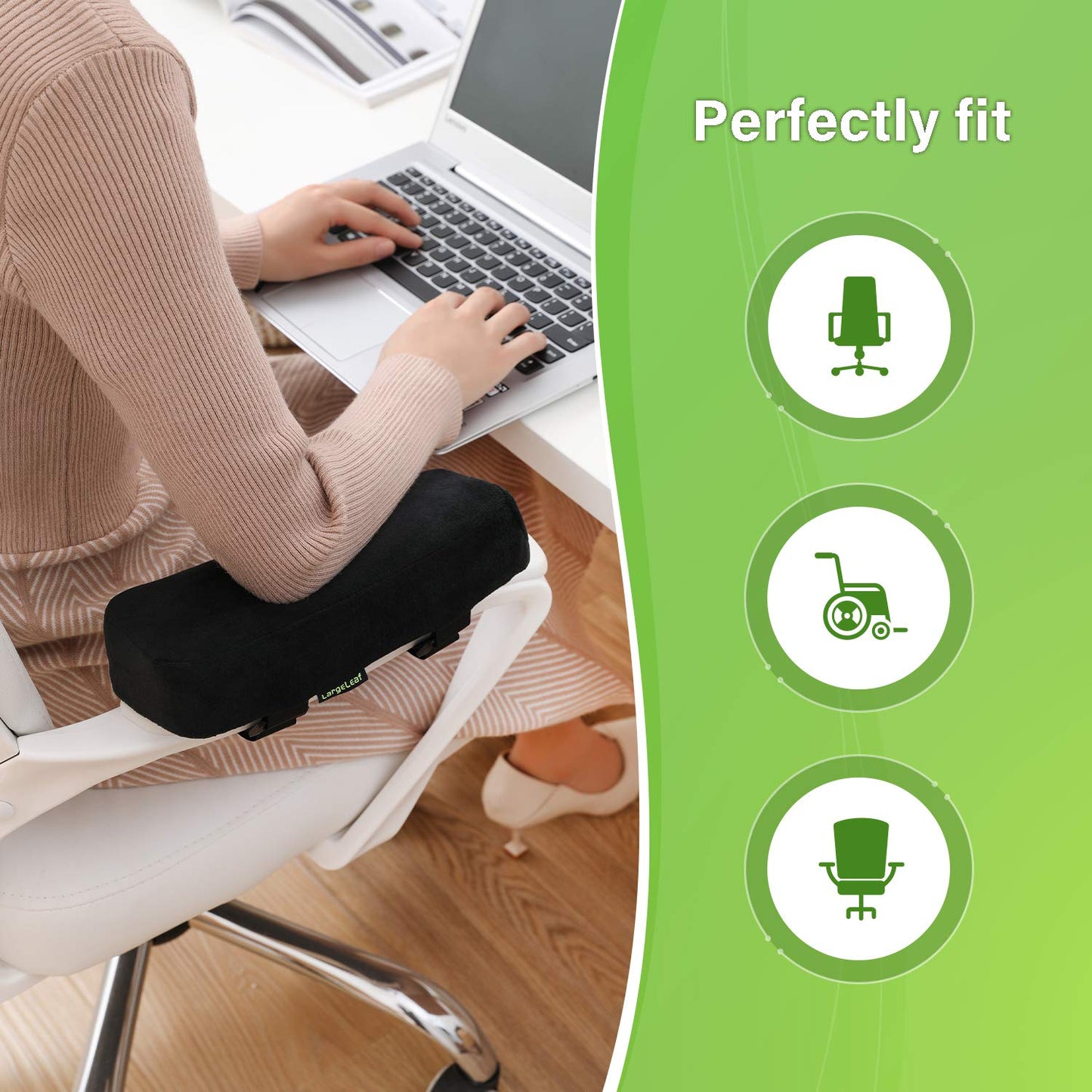 LargeLeaf Extra Thick Chair armrest Cushions Elbow Pillow Pressure Relief Office Chair Gaming Chair armrest with Memory Foam armrest Pads 2-Piece Set of Chair (Black)