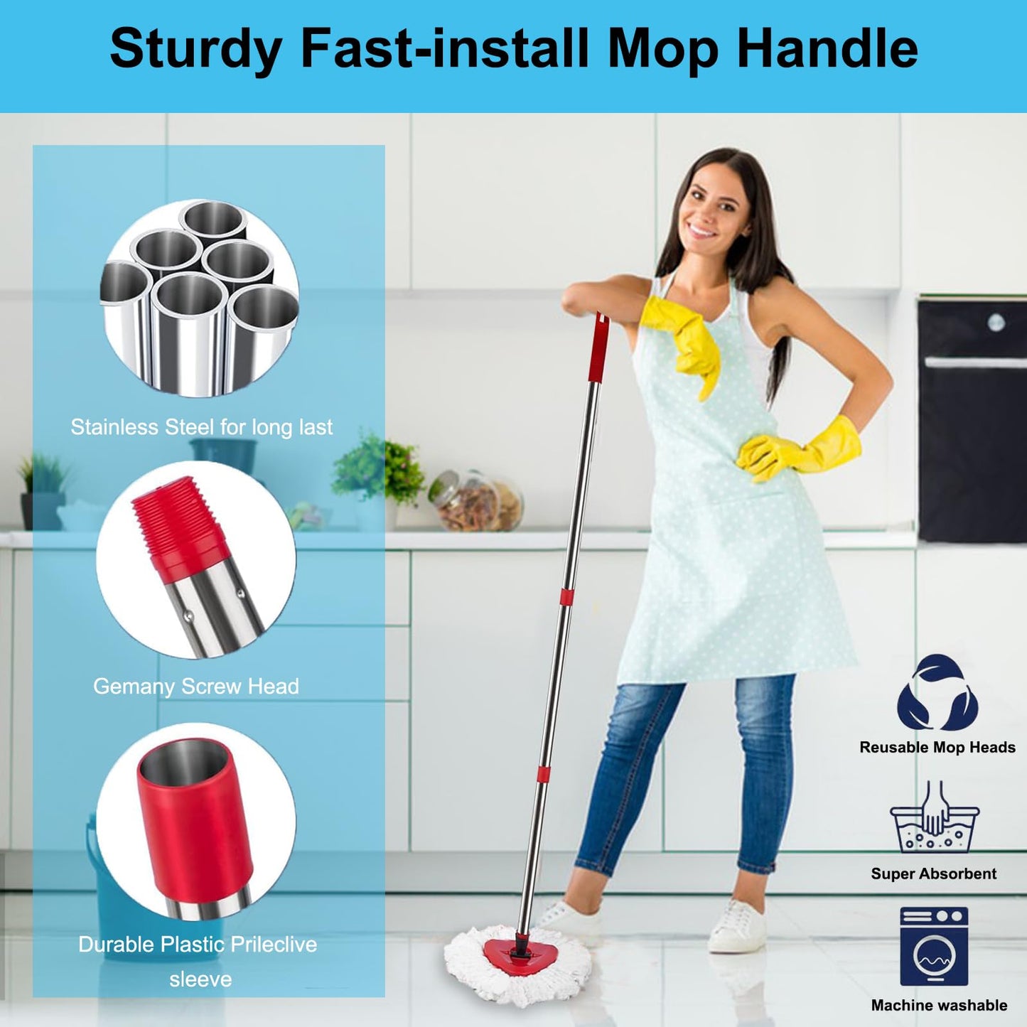 Spin Mop Set Compatible with Vileda EasyWring 1-Tank System,3 Pcs Mop Refills Machine Washable Mops Heads,1 Scrub Brush,1 Base,1 Set Handle Effective on All Floor Types
