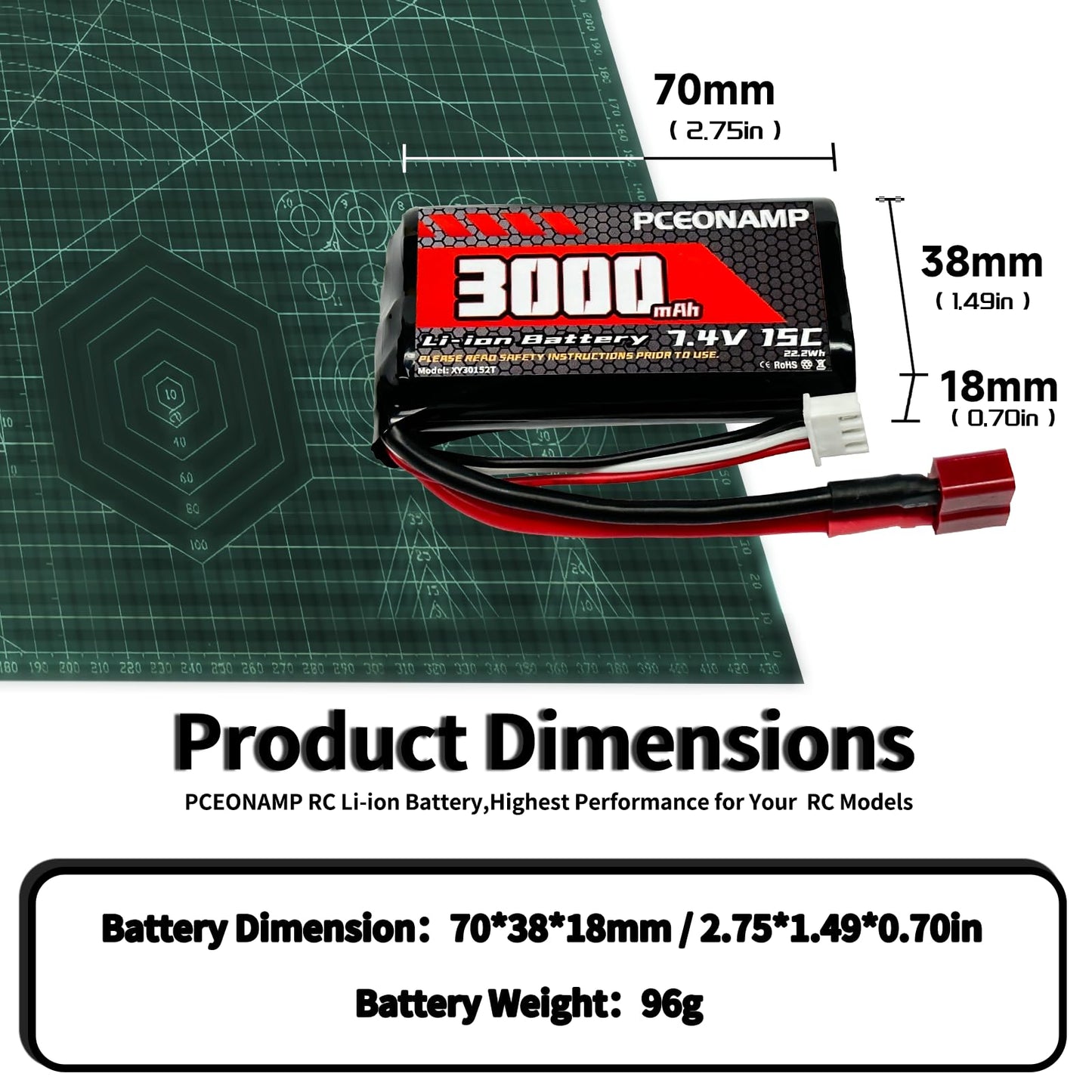 PCEONAMP 7.4V Li-ion Battery 3000mAh 2S with Deans T Plug Rechargeable High Capacity RC Battery Fit for WLtoys 4WD High Speed RC Cars and Most 1/10, 1/12, 1/16 Scale RC Cars Trucks with 2 USB Charger