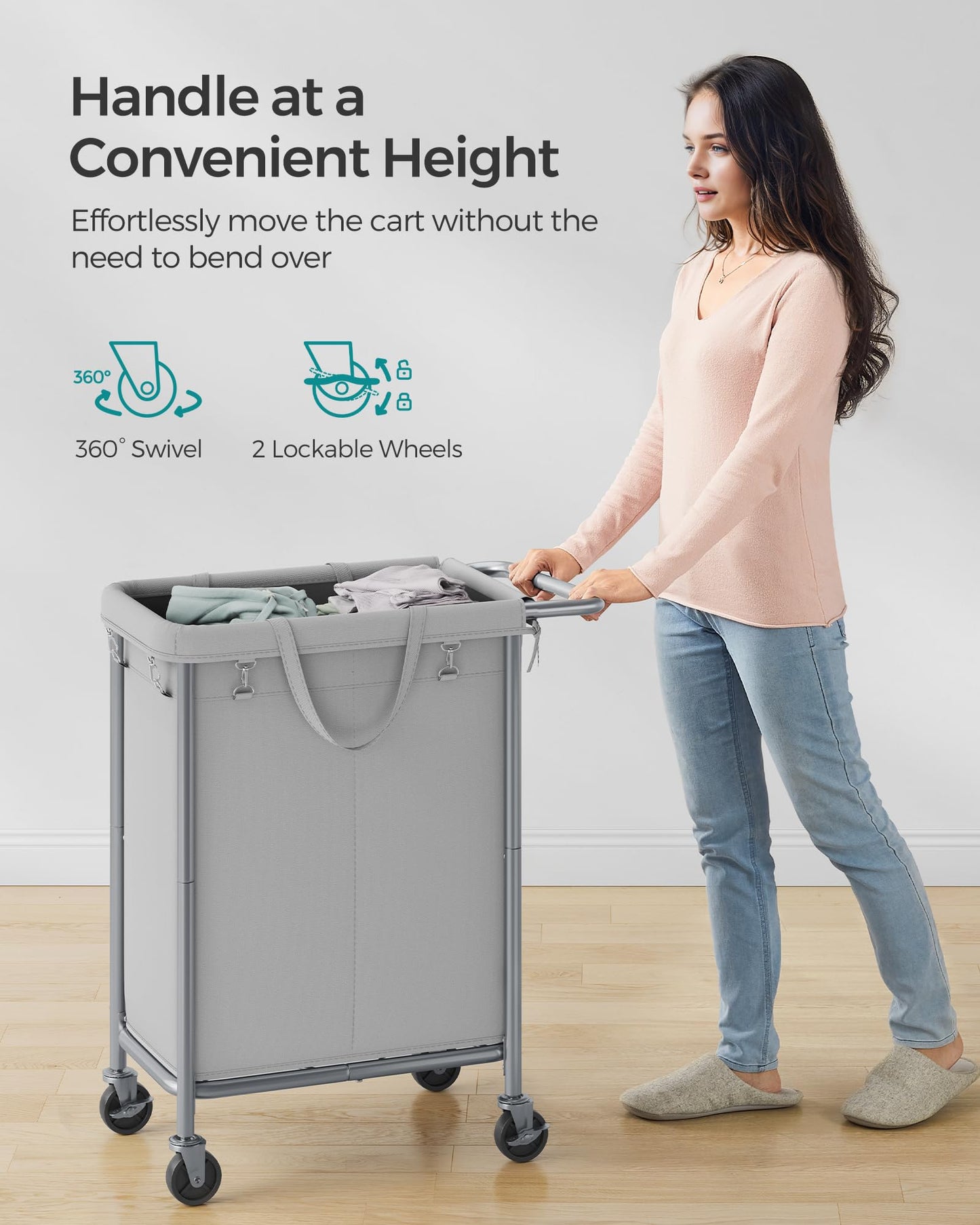 SONGMICS Laundry Basket with Wheels, 2-Section Rolling Laundry Hamper, 37 Gallons (140 L), Removable Liner, Steel Frame with Handle, 69 x 39 x 81 cm, Dove Gray URLS004G01