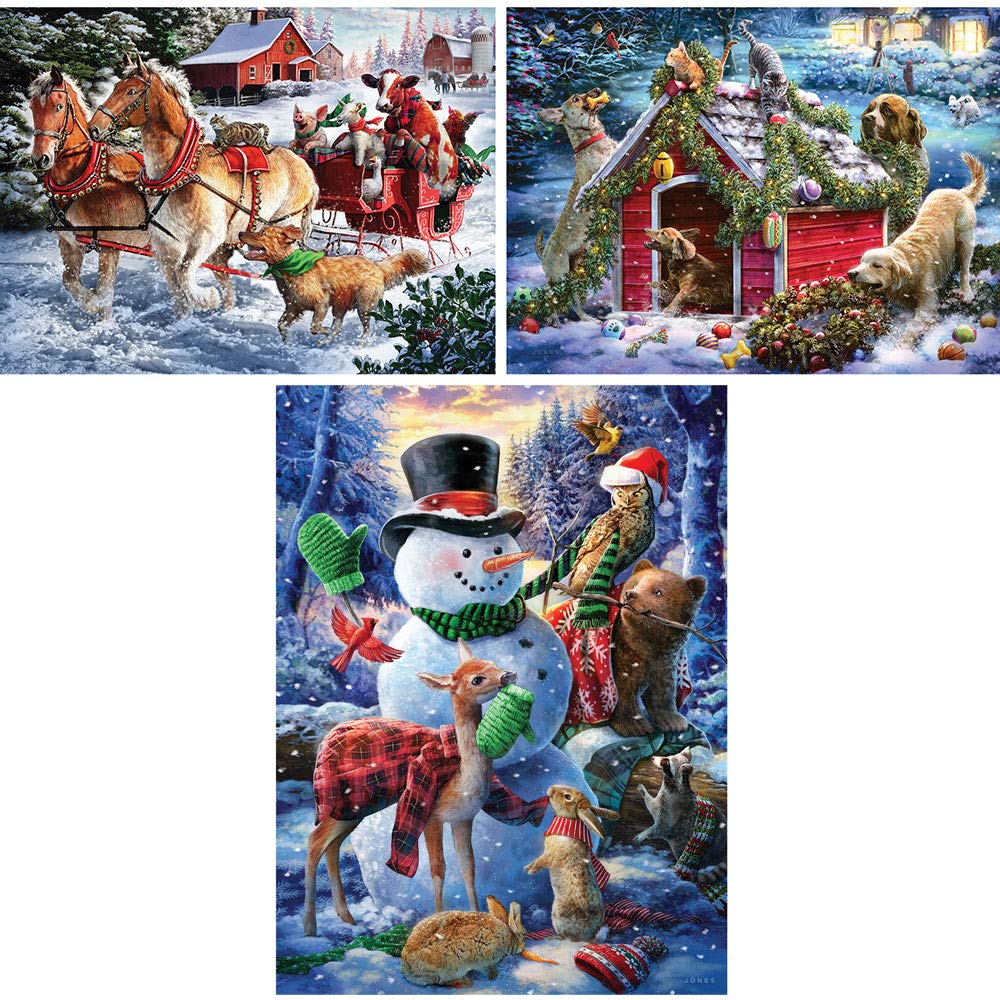 Bits and Pieces - Value Set of Three (3) 1000 Piece Jigsaw Puzzles for Adults - Each Puzzle Measures 20" x 27" (51cm x 69cm) - Winter Holiday Forest Animals Jigsaws by Artist Larry Jones