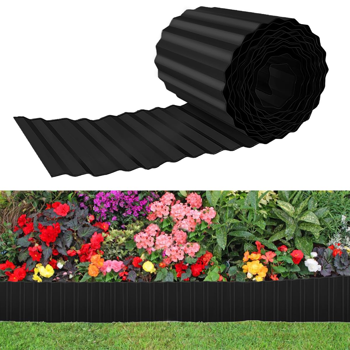 Metal Garden Edging Border 12in x 20ft,Corrugated Lawn Edging Borders,Galvanized Landscape Edging,Flexible Long Strips for Raised Flower Bed Tree Surrounds -Black