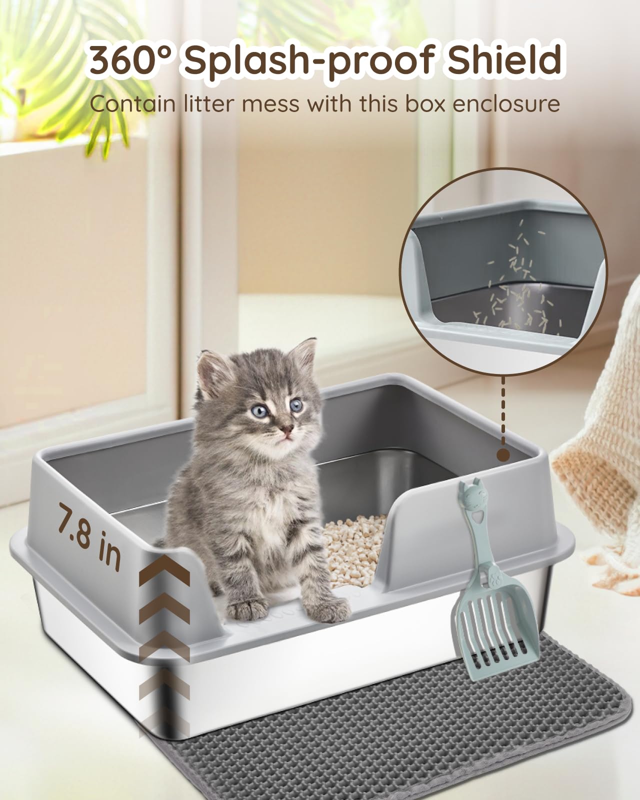 Stainless Steel Cat Litter Box with Lid - Papettly Stainless Steel Litter Box with High Sided, Metal Cat Litter Box with Double Layer Litter Mat, Scoop, Brush, Easy Cleaning & Anti-Leakage, 20"x14"