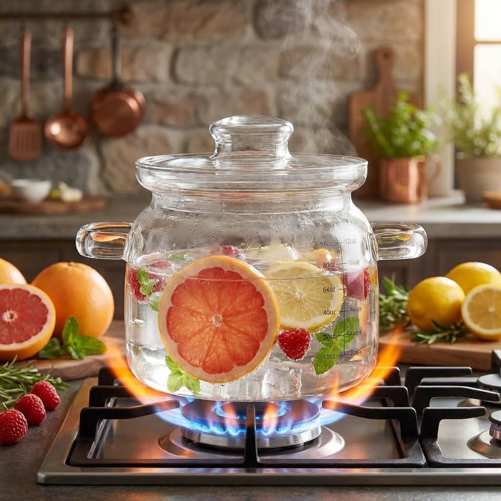 3L(96oz) Glass Cooking Pot with Lid,Handmade Borosilicate Glass Stockpot with Graduations - Glass Saucepan with Cover for Cooking and Serving