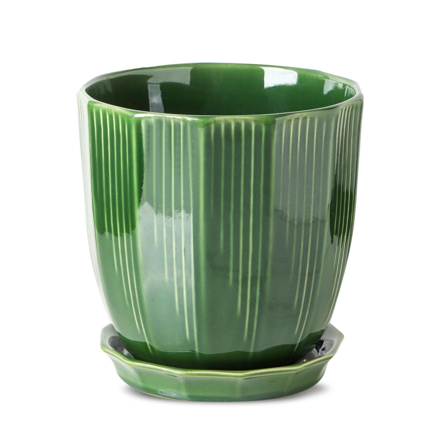 ADN 8 inch Ceramic Planter - Large Plant Pot Geometric Design Flower Pot with Drainage Hole and Saucer for Outdoor Indoor Plants, Forest Green