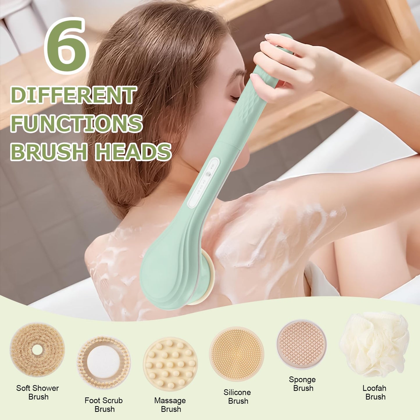 LINGSFIRE Electric Body Brush Bath Brush Rechargeable Back Scrubber for Shower Exfoliating Bath Brush Long Handle for Shower Lotion Applicator for Back Silicone Body Scrubber With 6 Shower Brush Heads