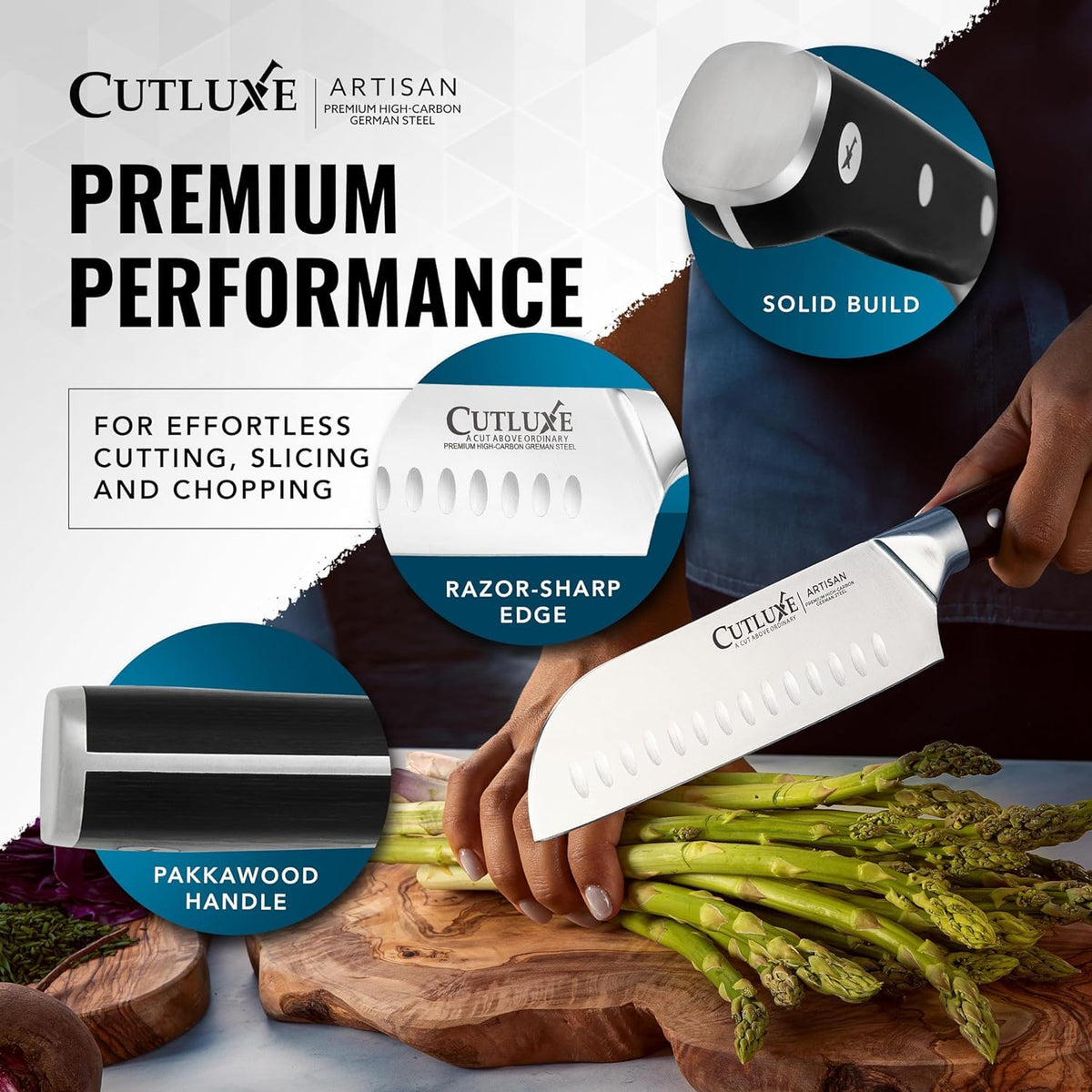 Cutluxe Santoku Knife – 7" Chopping Knife, Vegetable Knife – Forged High Carbon German Steel, Sheath Included, Full Tang, Razor Sharp, Ergonomic Handle Design – Artisan Series