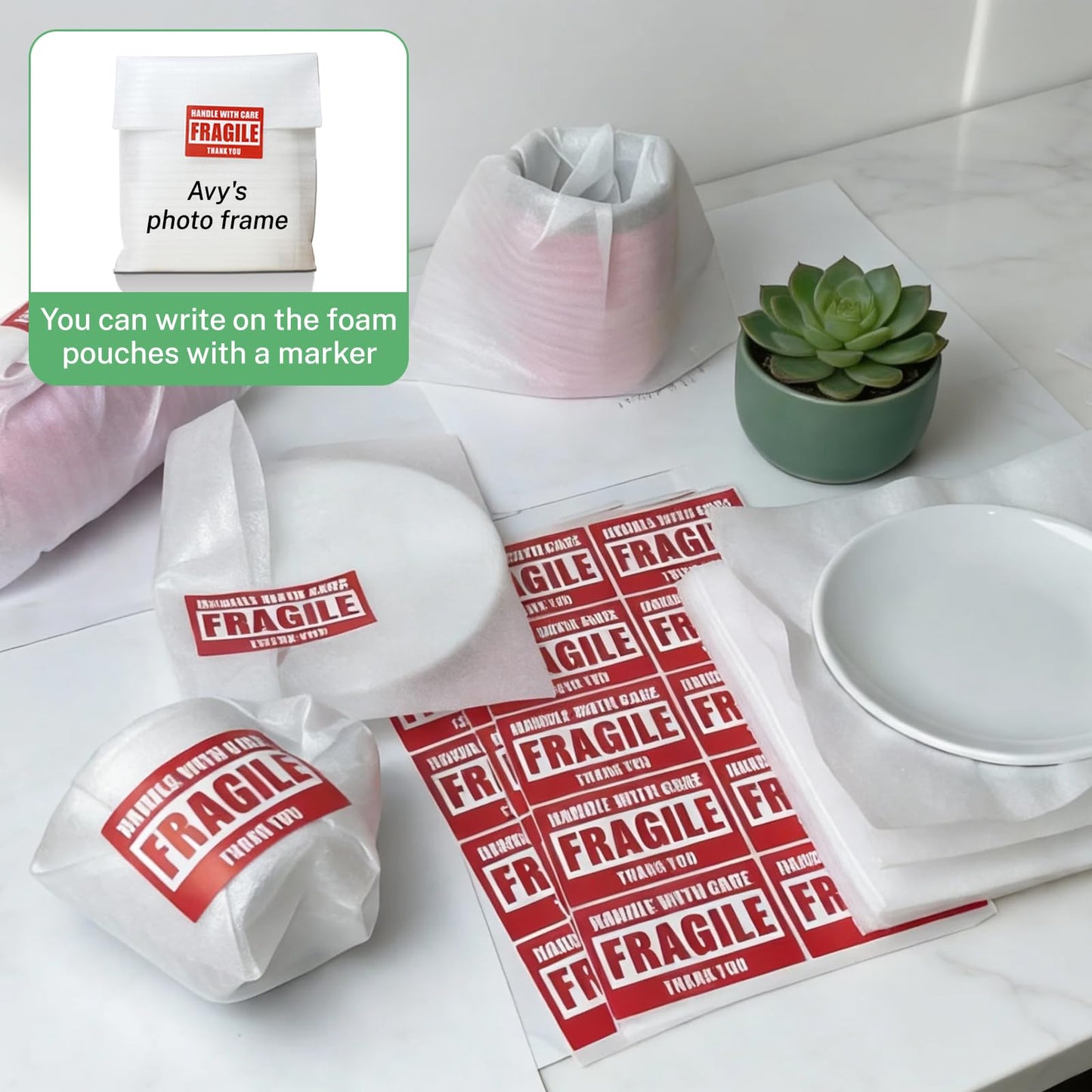 350 Pcs Dish Packing Supplies for Moving, 250 Cushion Foam Pouches(4 Sizes 16x12'',12x12'',12x8'',8x8'') and Foam Sheets(12x12'') with 100 Fragile Stickers for Packing,Storage,Shipping