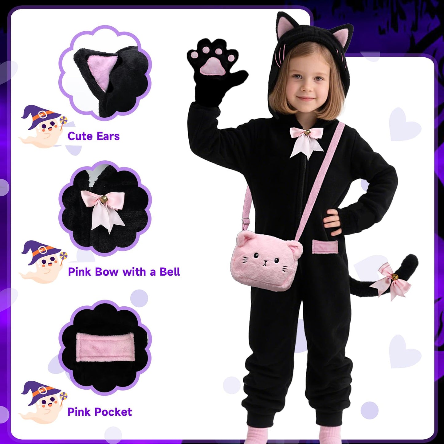 ANPHILE Kids Cat Costumes for Girls, Black Cat Costume for Girl with Cute Kitty Purse Bag, Halloween Costumes for Girls Kids