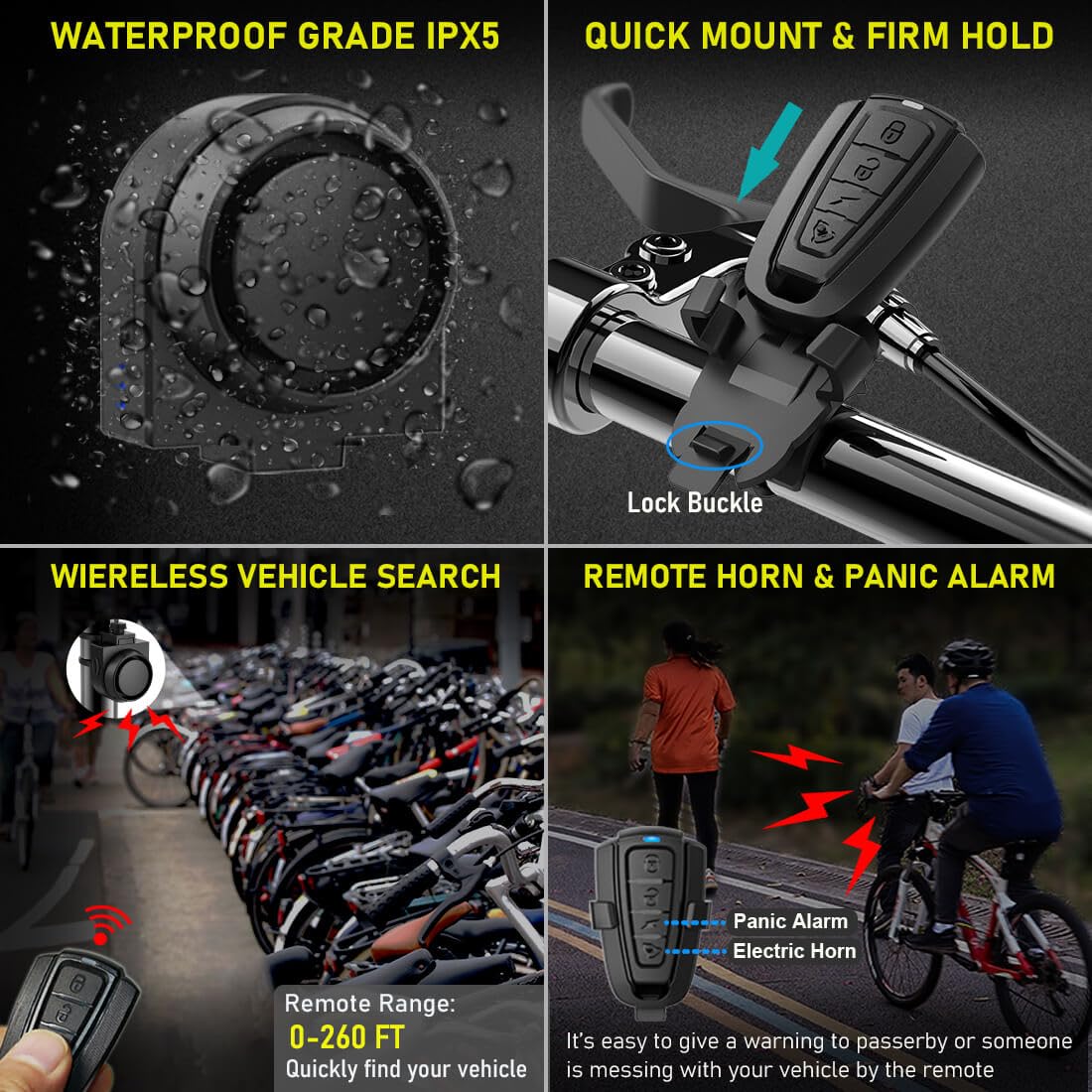 PADONOW Wireless Remote Bike Alarm: 115dB Super Loud Bicycle Vibration Motion Sensor Siren Anti Theft Security System Motorcycle Alarm Waterproof USB-C Rechargeable Multipurpose Vehicle Alert Device