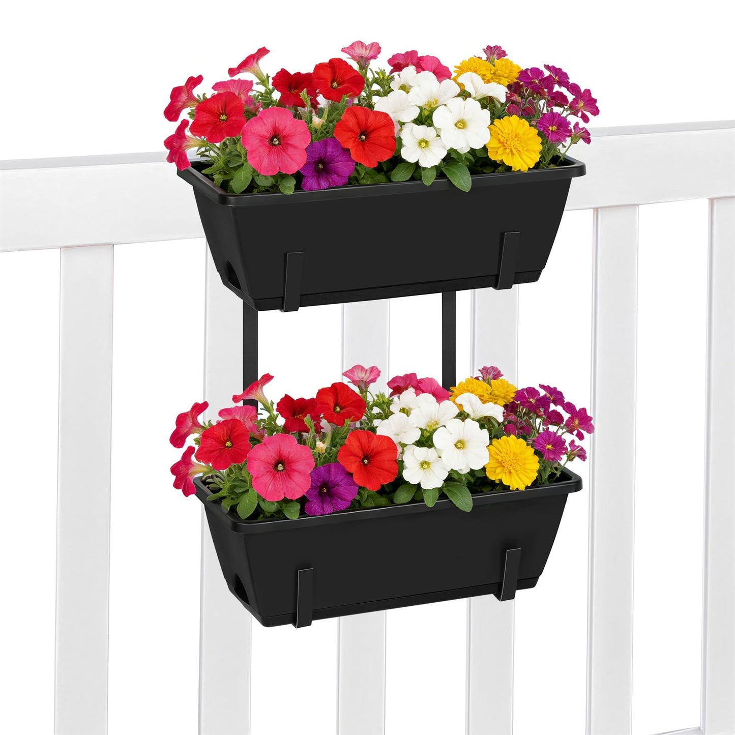 Railing Planter Boxes 2 Pack Window Boxes Planters with 2-Tier Adjustable Brackets, 16.9’’ Black Deck Railing Planter Boxes Vertical Balcony Hanging Flower Pots for Fence Rail Porch Garden Decor